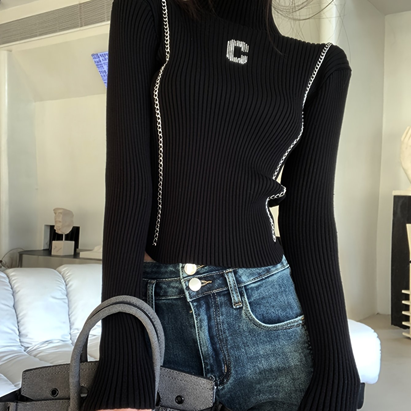 vlovelaw vlovelaw Letter Pattern Contrast Trim Sweater, Casual Long Sleeve Mock Neck Top, Women's Clothing