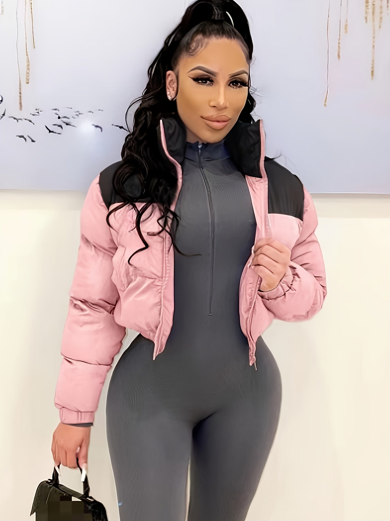 vlovelaw  Two Tone Zip Up Crop Parka, Winter & Fall Long Sleeve Casual Coat, Women's Clothing