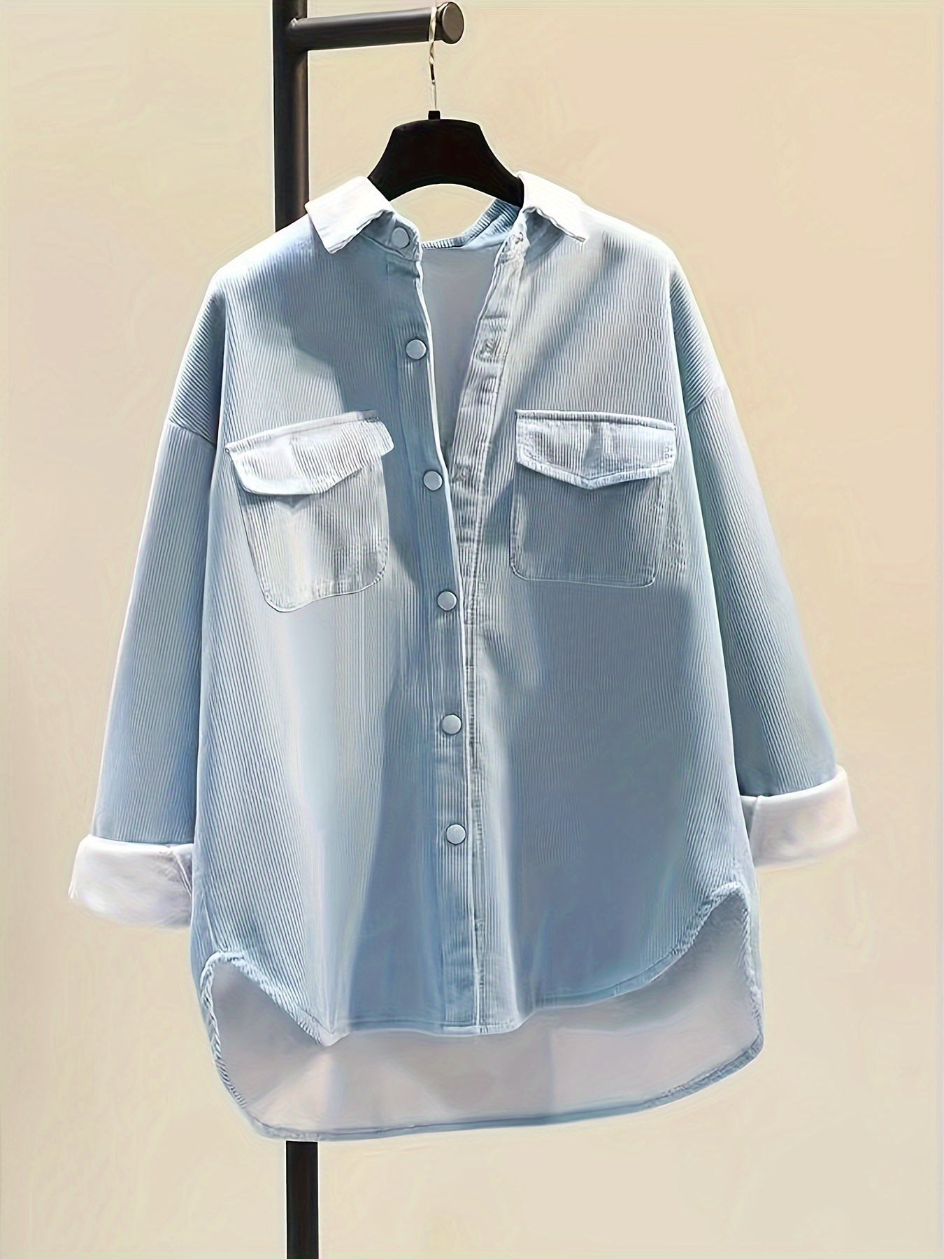 Button Front Plush Lined Solid Jacket, Casual Collared Long Sleeve Outerwear, Women's Clothing