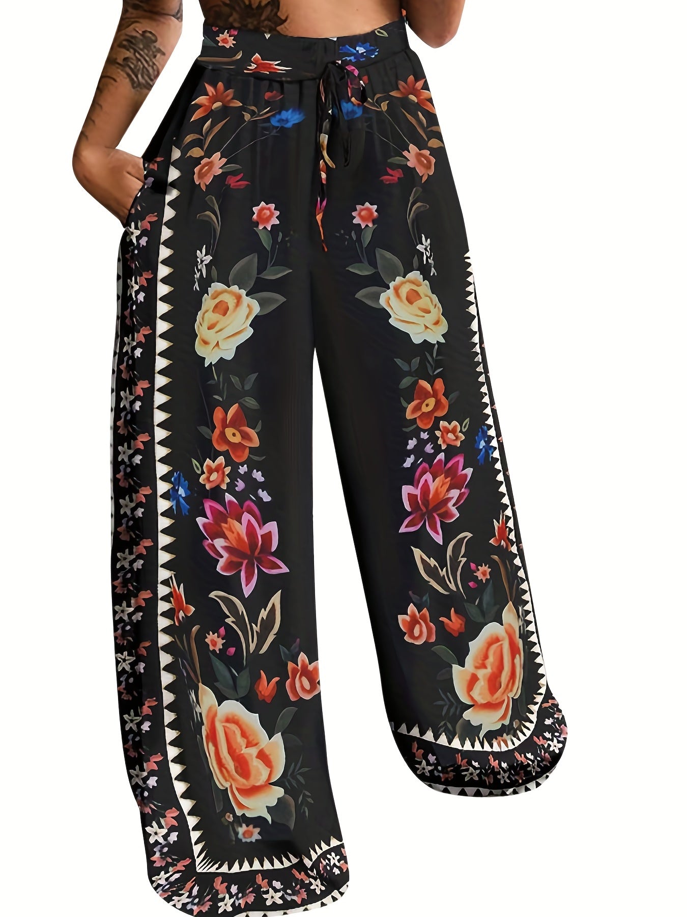 Peacock Print Wide Leg Pants, Retro Drawstring Long Length Palazzo Pants, Women's Clothing