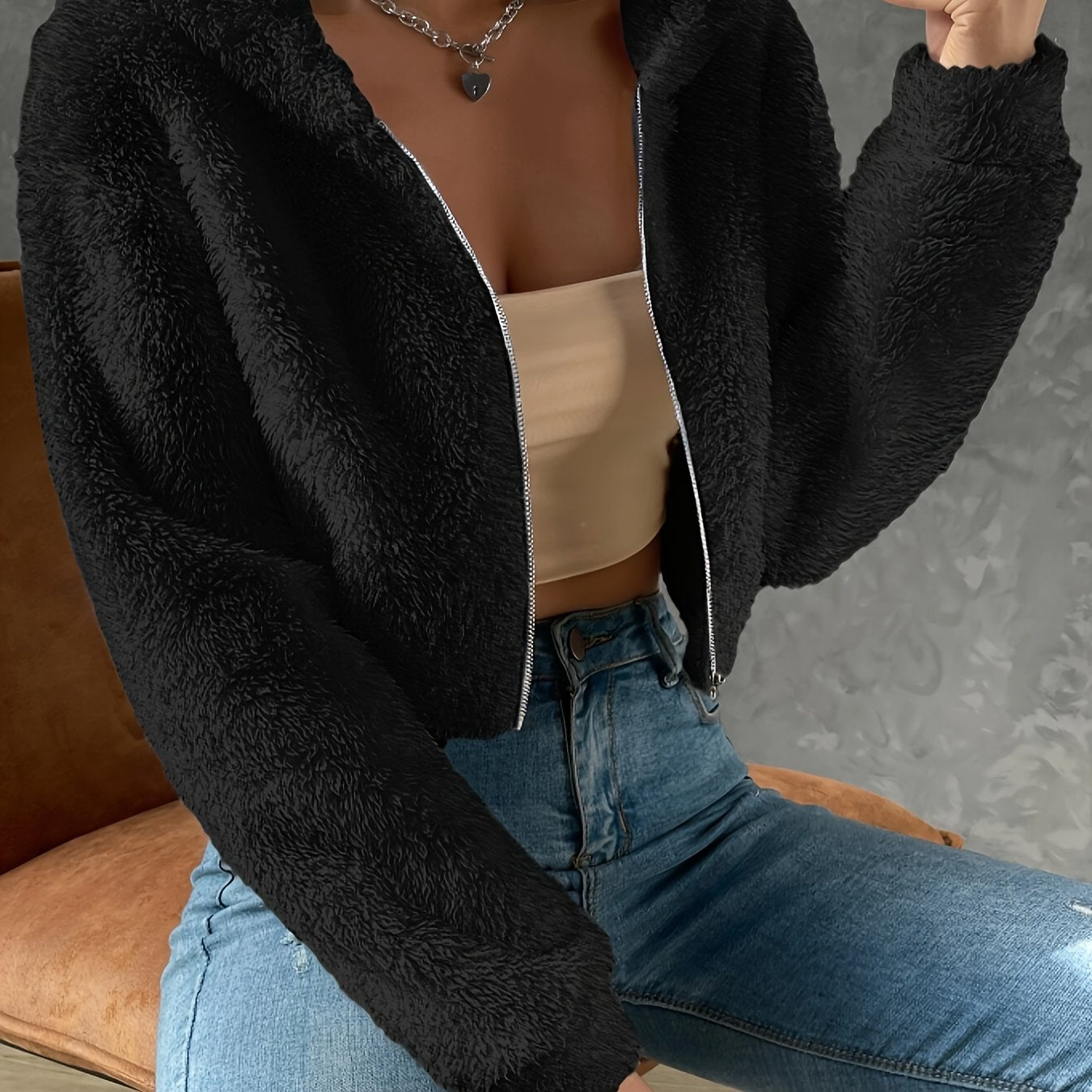 vlovelaw Solid Color Zip-up Teddy Hoodie, Casual Long Sleeve Hoodie Jacket, Women's Clothing