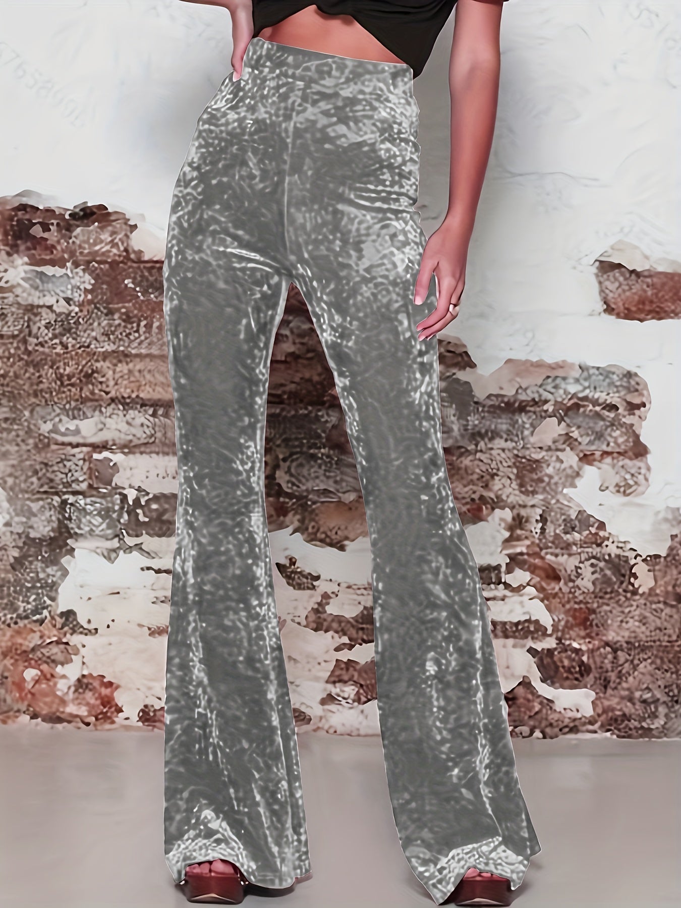vlovelaw High Waist Solid Velvet Pants, Boho Every Day Flare Leg Pants For All Season, Women's Clothing