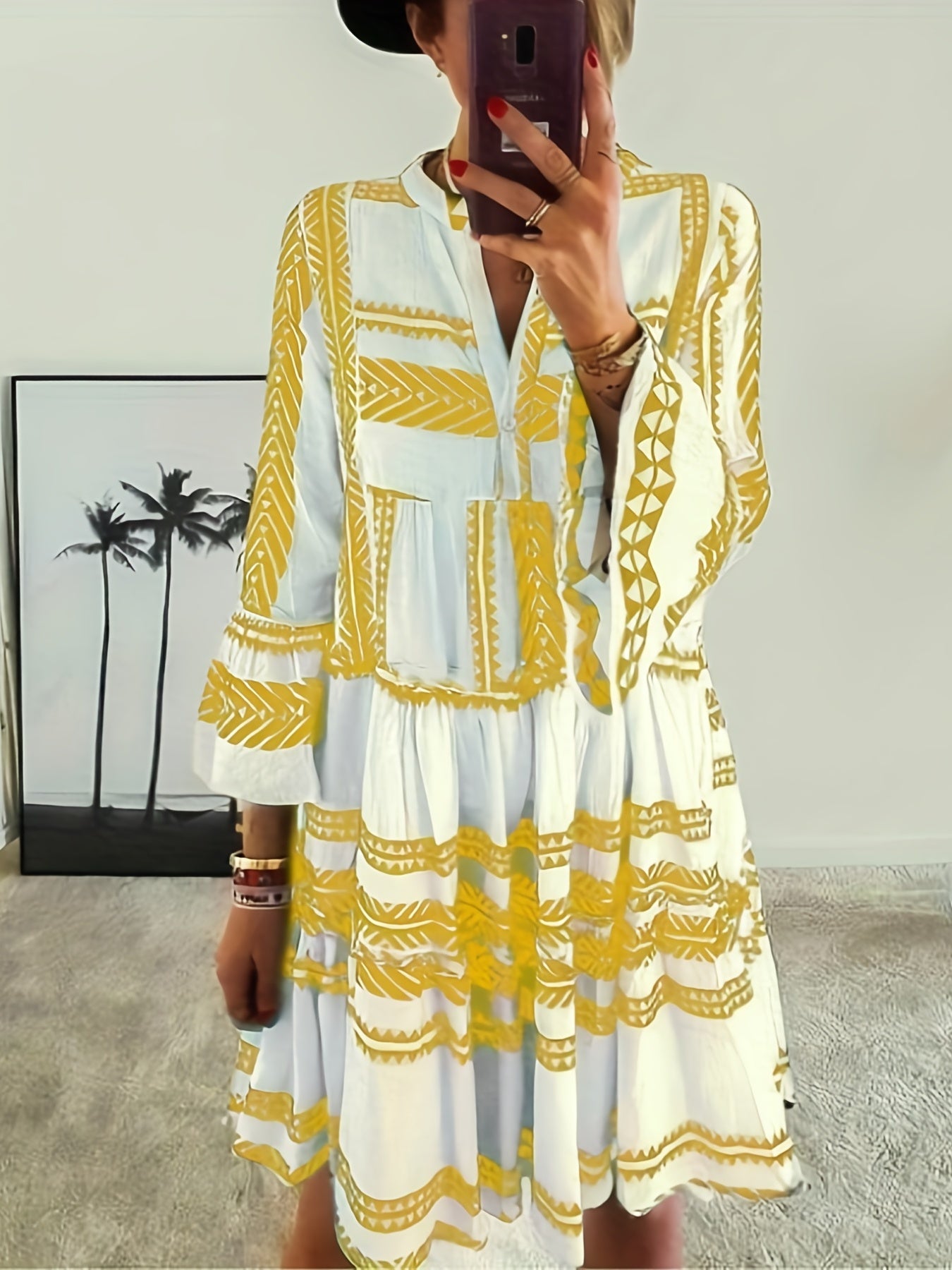 vlovelaw Tribal Print Dress, Vacation Pleated Flared Sleeve Dress, Women's Clothing