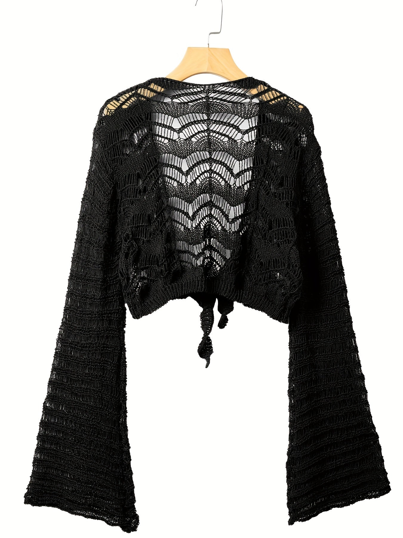 vlovelaw vlovelaw Crochet Cropped Knit Cardigan, Boho Flared Sleeve Solid Sweater, Women's Clothing