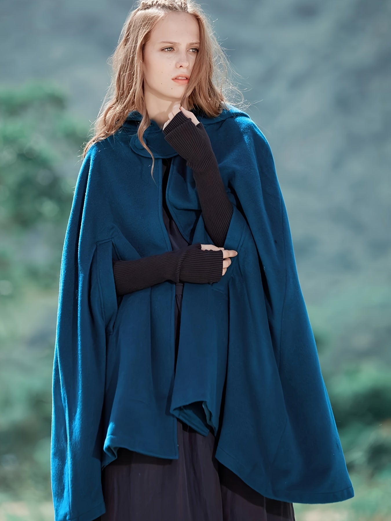 Plus Size Elegant Coat, Women's Plus Solid Split Cape Sleeve Button Detail Hooded Shawl Coat