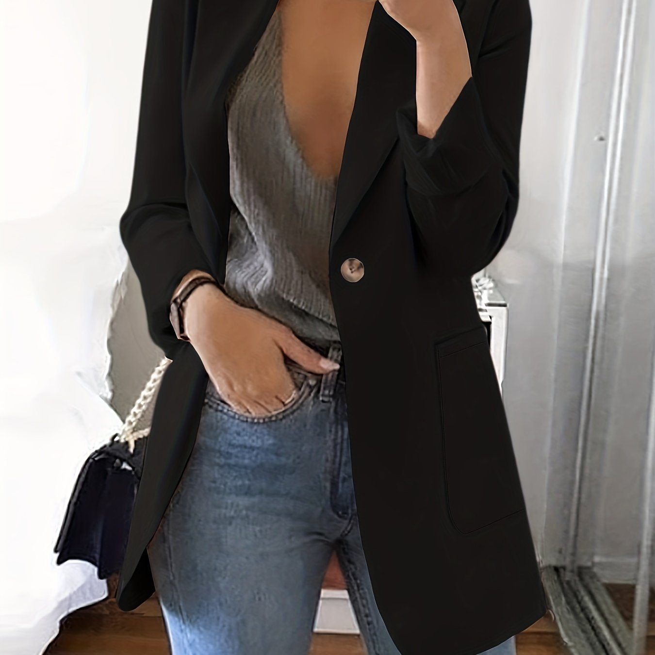 vlovelaw Lapel Neck Single Button Blazer, Casual Long Sleeve Blazer For Office & Work, Women's Clothing