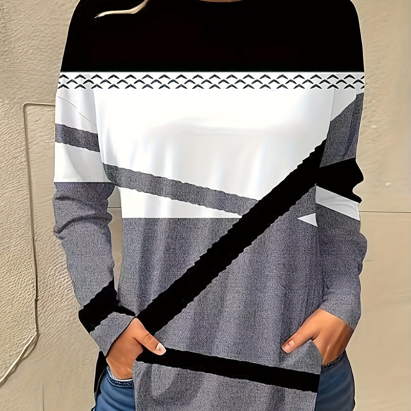 vlovelaw Colorblock Print Crew Neck T-Shirt, Casual Long Sleeve Top For Spring & Fall, Women's Clothing