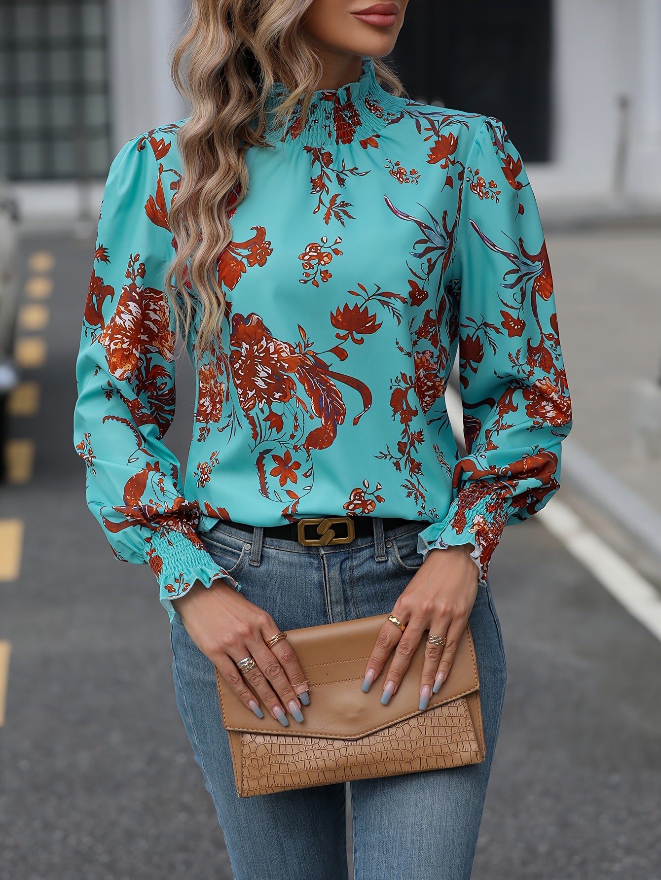 Floral Print Mock Neck Blouse, Elegant Long Sleeve Blouse, Women's Clothing