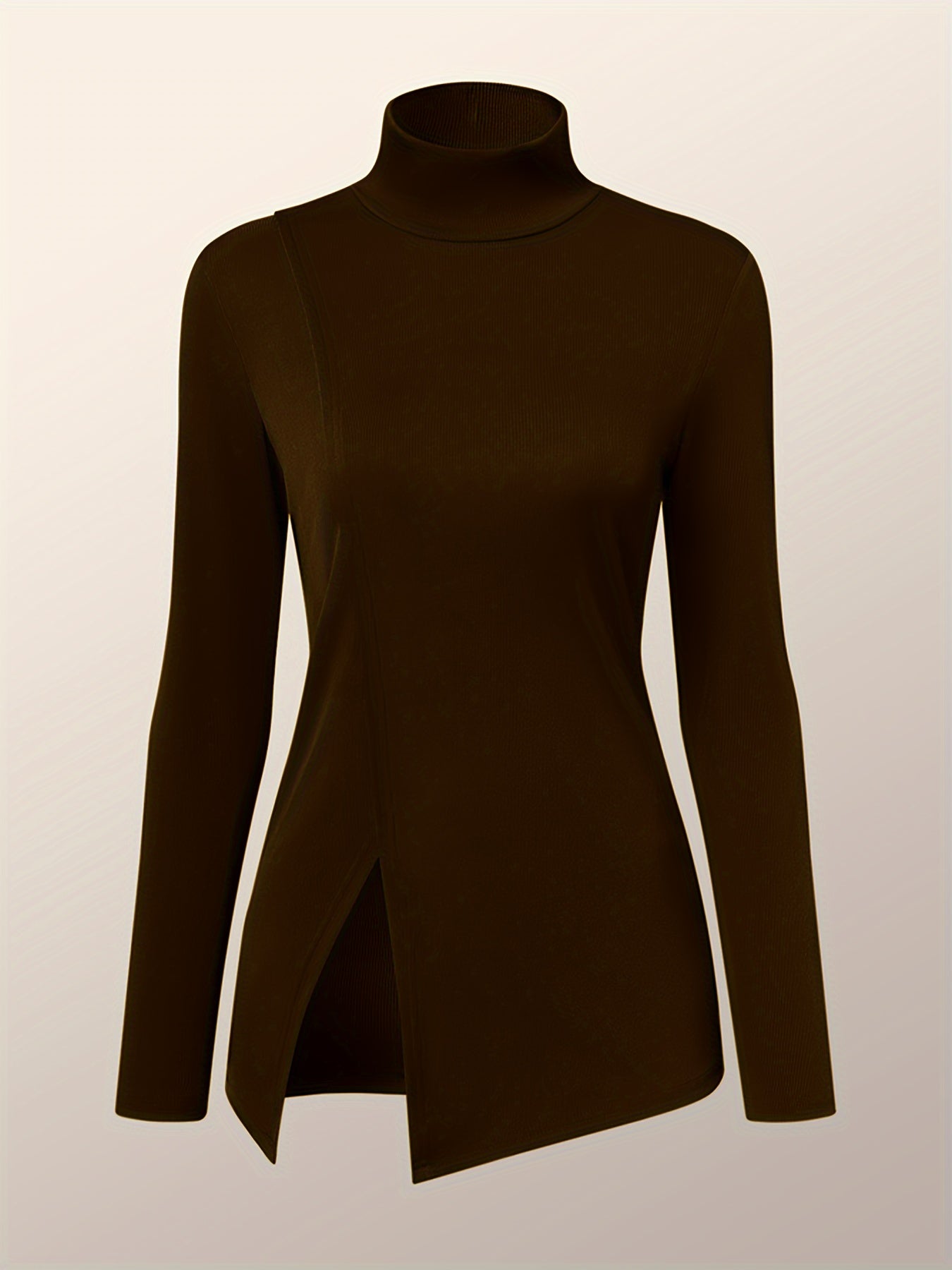 Solid Split Hem Mock Neck Top, Elegant Long Sleeve T-Shirt For Spring & Fall, Women's Clothing