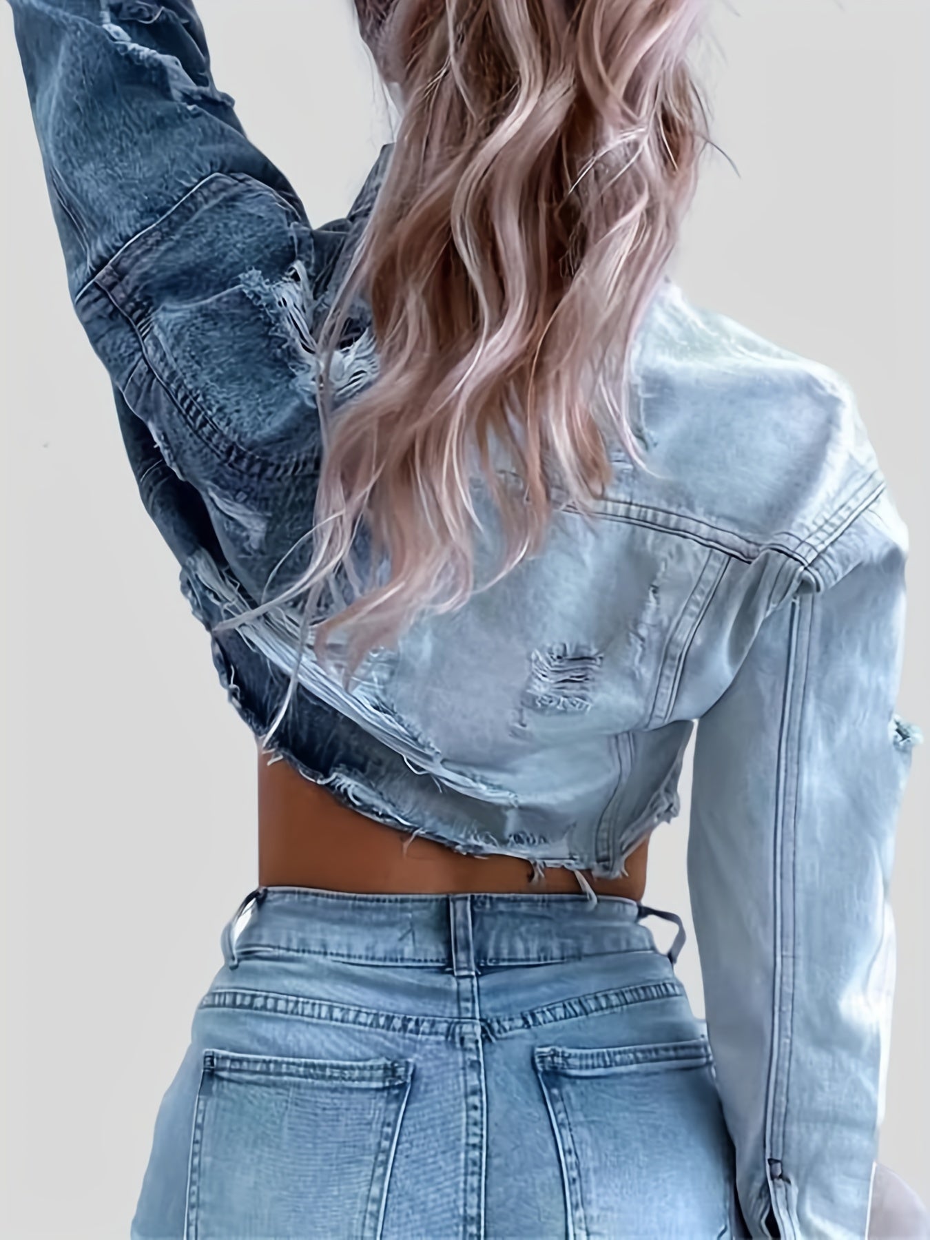 Ripped Color Block Cropped Denim Jacket, Distressed Vintage Style Single-Breasted Long Sleeve Denim Coat, Women's Denim Jeans & Clothing