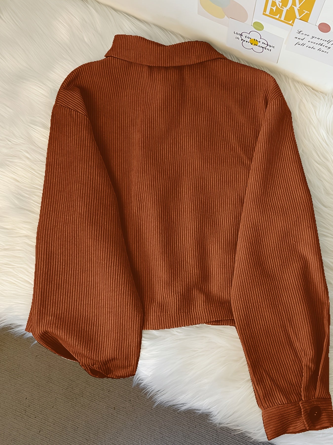 Flap Pockets Corduroy Crop Jacket, Casual Long Sleeve Jacket For Fall & Winter, Women's Clothing