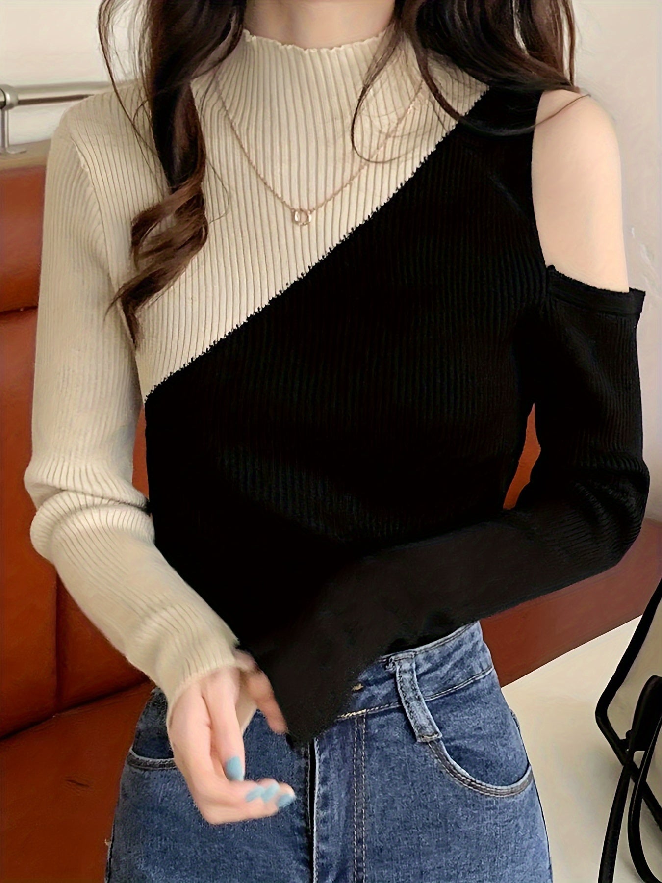 vlovelaw Color Block Pullover Sweater, Casual Cold Shoulder Mock Neck Long Sleeve Top, Women's Clothing