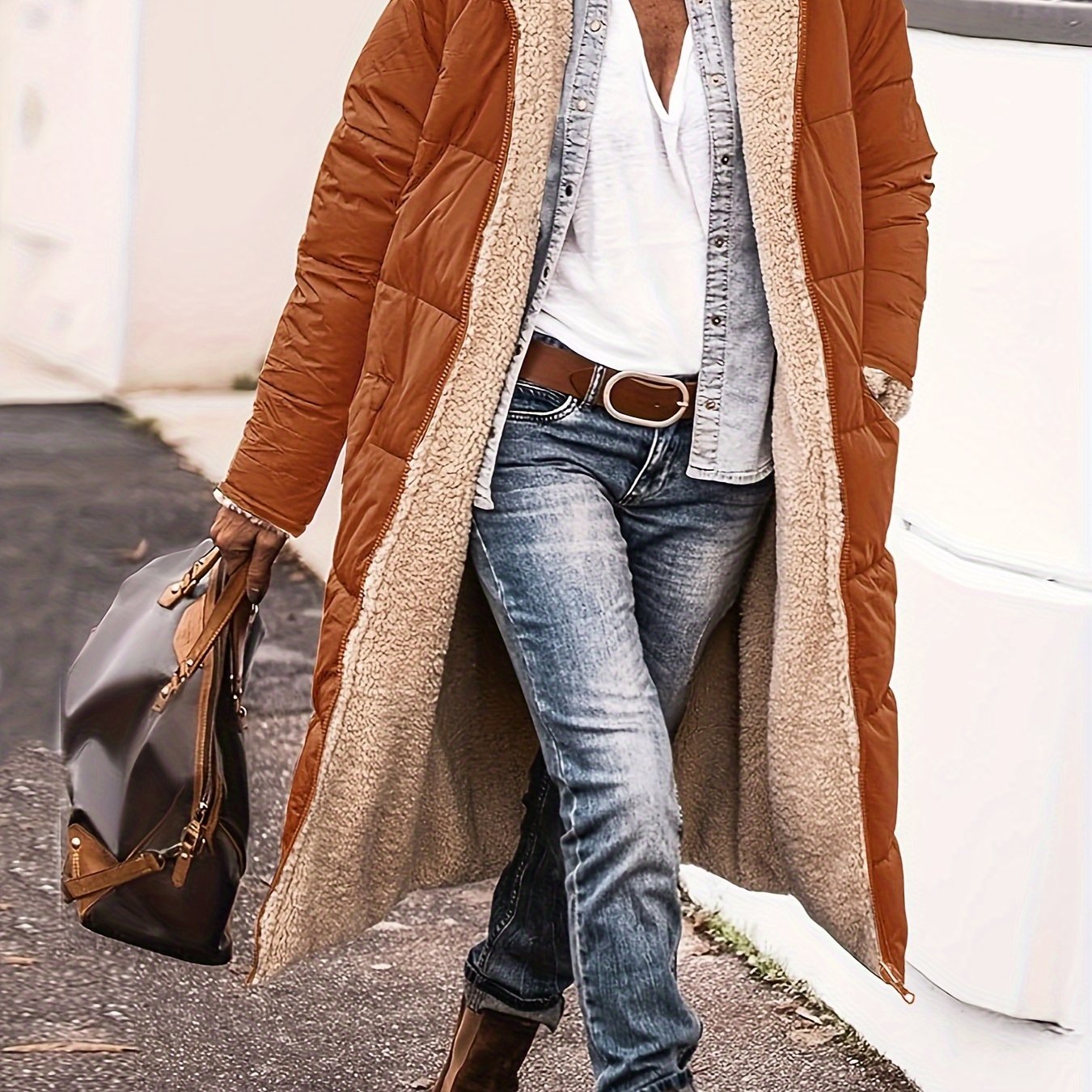 vlovelaw Zipper Front Color Block Coat, Versatile Long Sleeve Thermal Winter Outwear, Women's Clothing