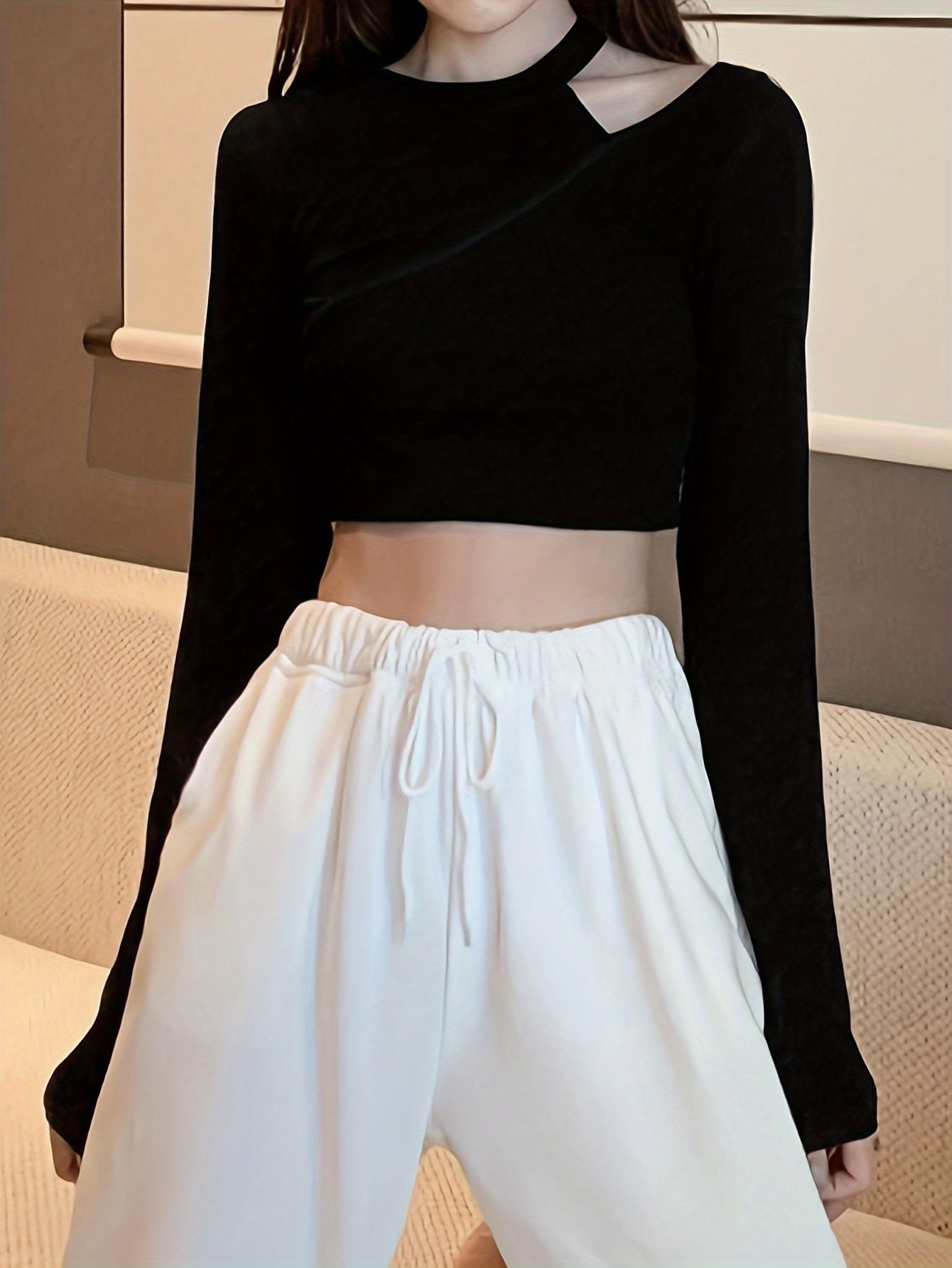 Solid Cut Out T-Shirt, Casual Long Sleeve Crop Top, Women's Clothing