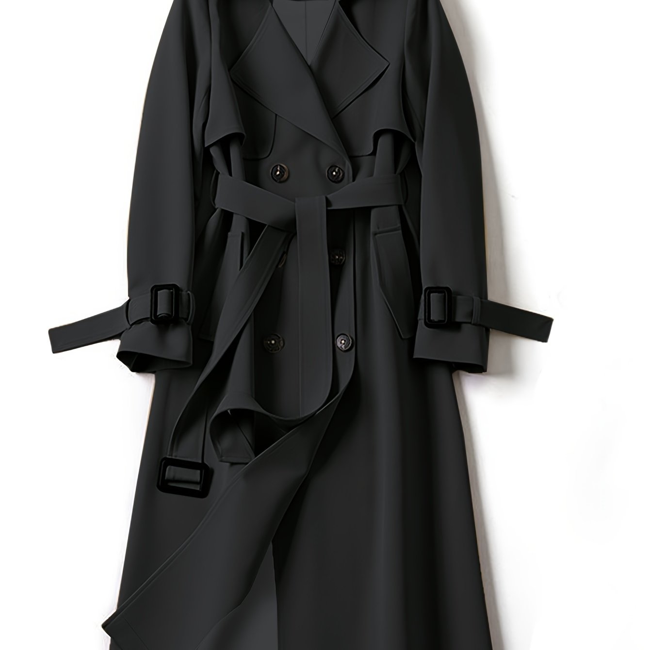vlovelaw Plus Size Casual Coat, Women's Plus Solid Long Sleeve Lapel Collar Double Button Buckle Overcoat With Belt
