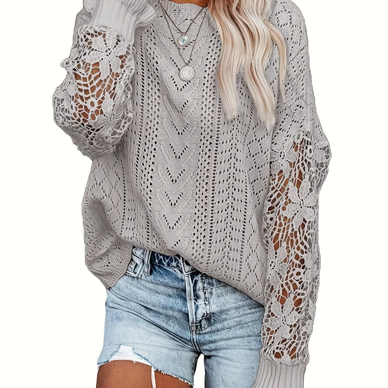 vlovelaw Contrast Lace Eyelet Knit Sweater, Casual Crew Neck Long Sleeve Sweater, Women's Clothing