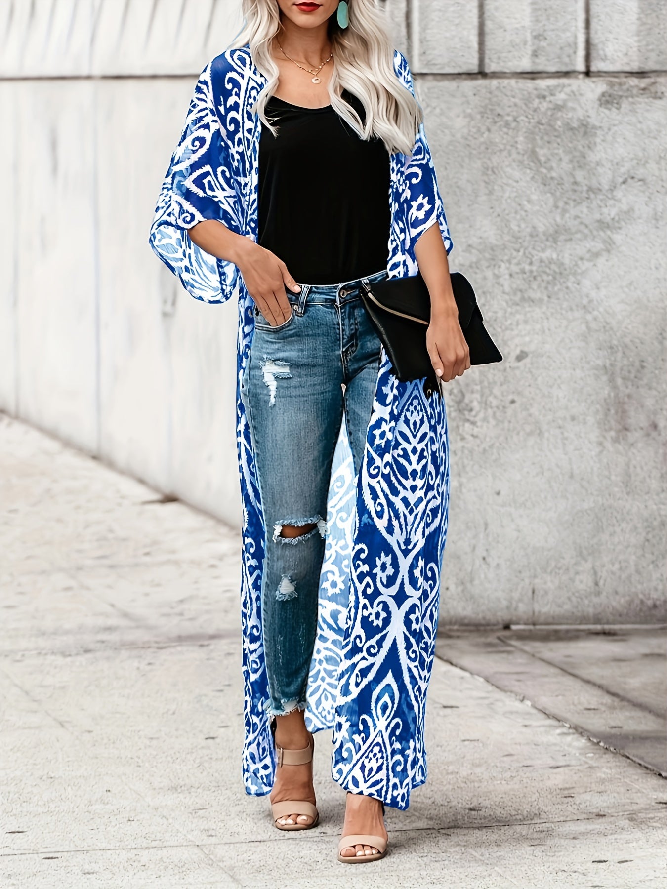vlovelaw Graphic Print Open Front Kimono, Boho Cover Up Kimono For Spring & Summer, Women's Clothing