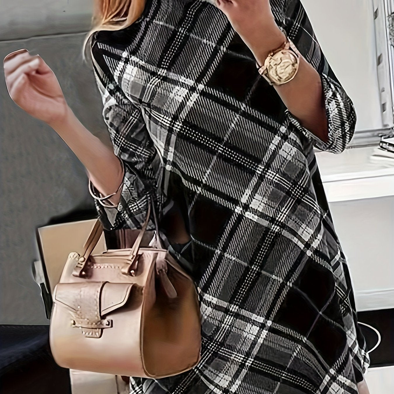 vlovelaw Plaid Print Mock Neck Dress, Elegant Long Sleeve Above Knee Dress, Women's Clothing