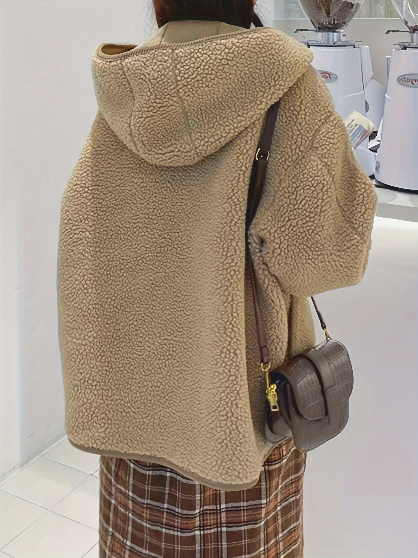vlovelaw Solid Hooded Teddy Coat, Casual Button Front Long Sleeve Winter Outerwear, Women's Clothing