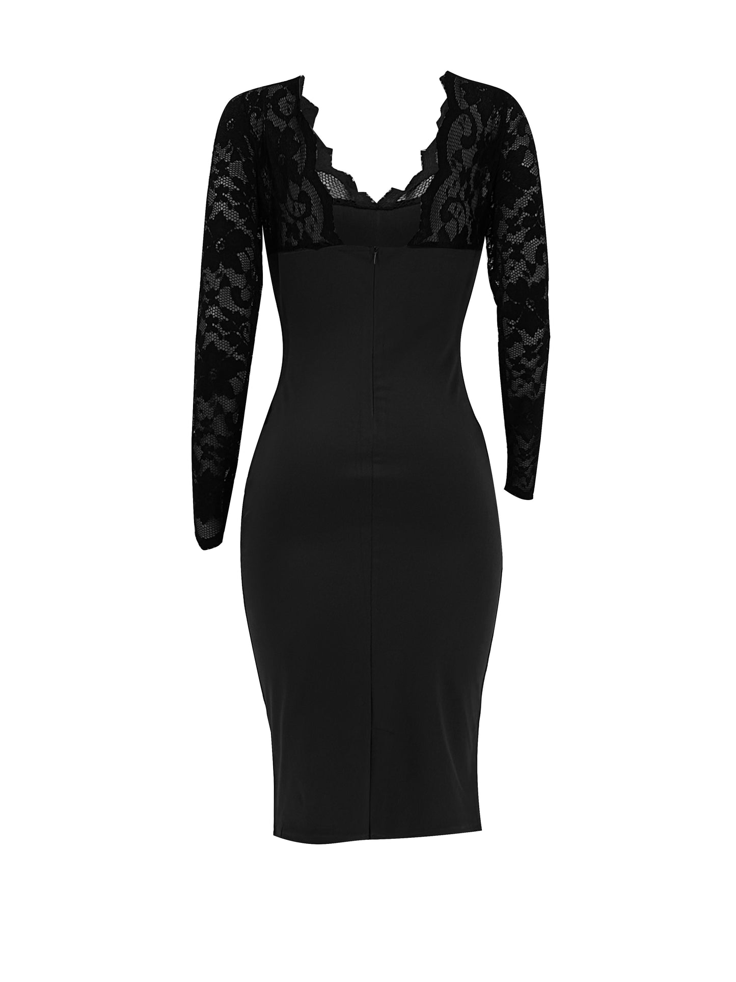 Contrast Lace Long Sleeve Pencil Dress, Elegant V Neck Dress For Spring & Fall, Women's Clothing