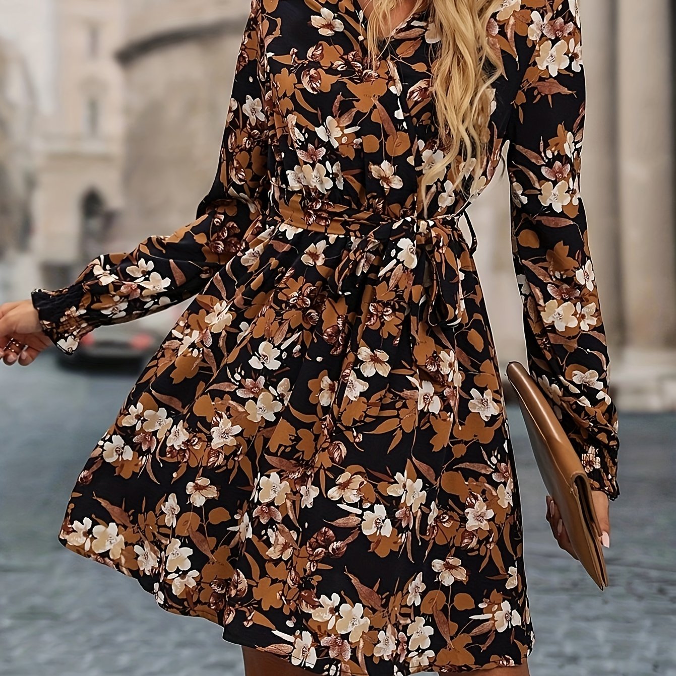 Floral Print Shirred Lantern Sleeve Dress, Casual V Neck Tie-waist Dress, Women's Clothing