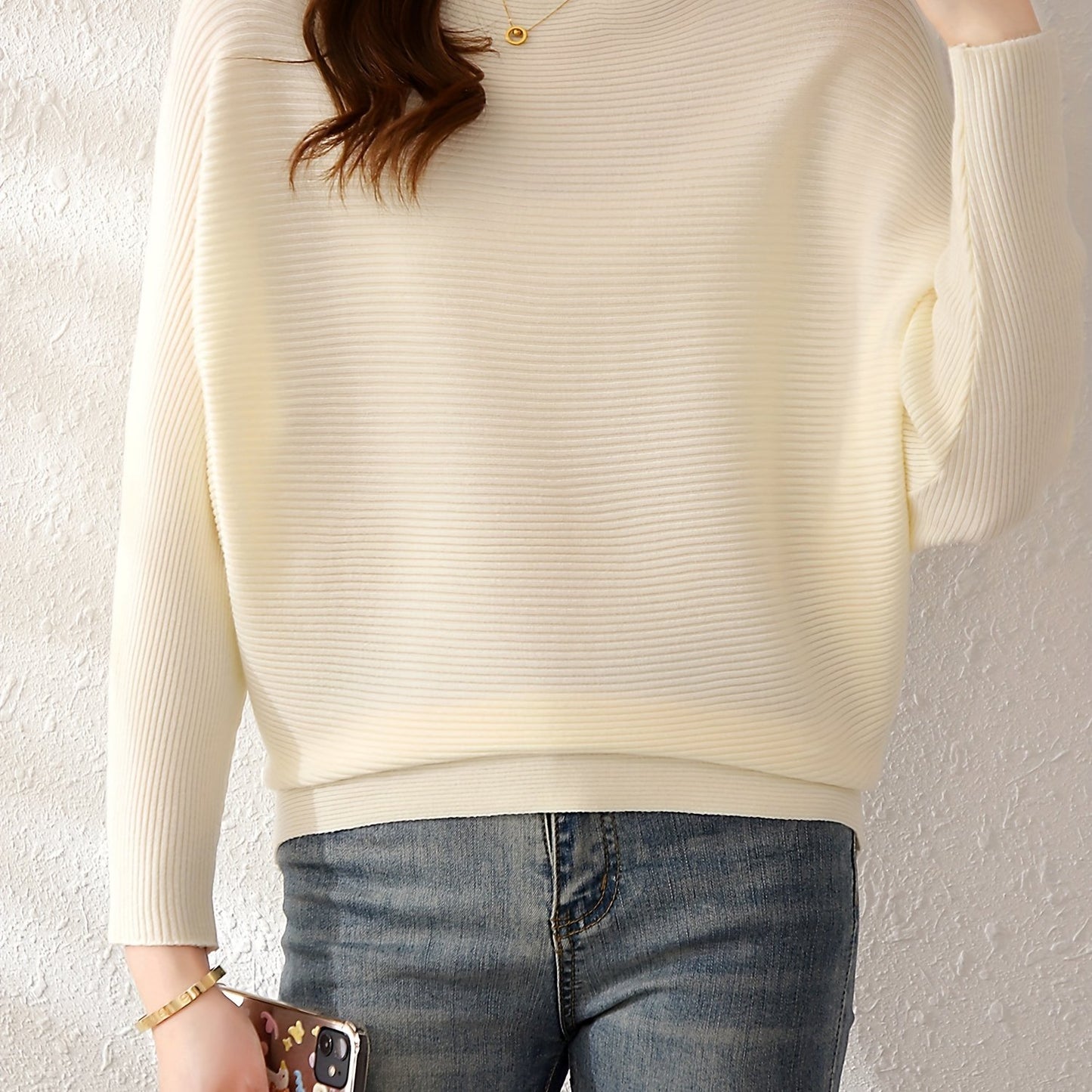 Solid Batwing Sleeve Knit Sweater, Casual Boat Neck Sweater For Spring & Fall, Women's Clothing