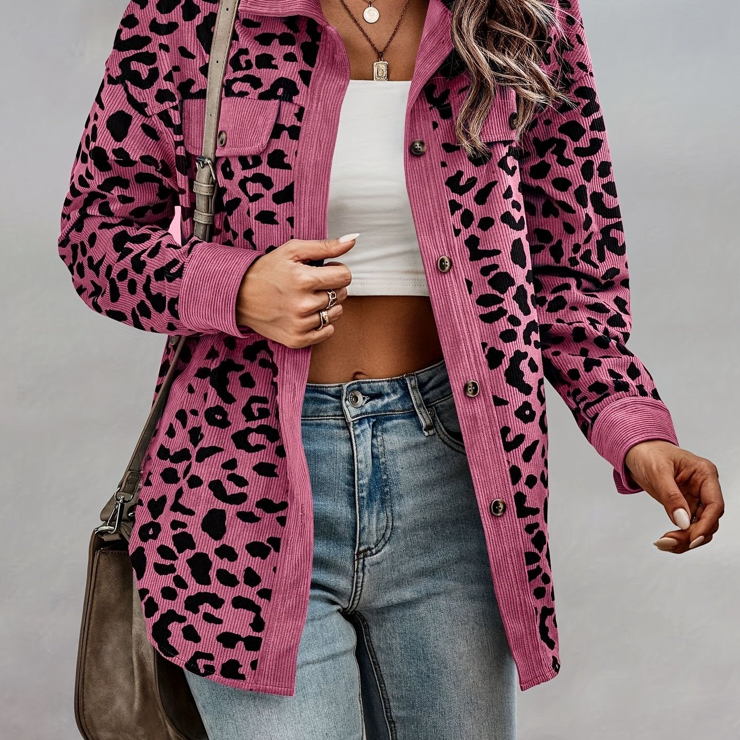 vlovelaw Leopard Print Shacket Jacket, Casual Button Front Turn Down Collar Long Sleeve Outerwear, Women's Clothing