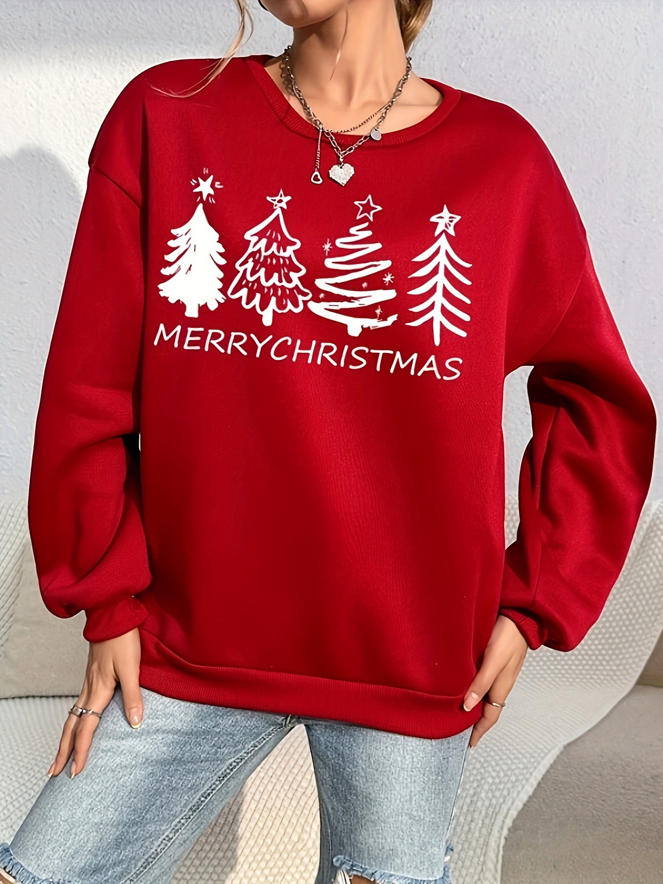 vlovelaw Christmas Tree & Letter Print Pullover Sweatshirt, Casual Long Sleeve Crew Neck Sweatshirt For Fall & Winter, Women's Clothing