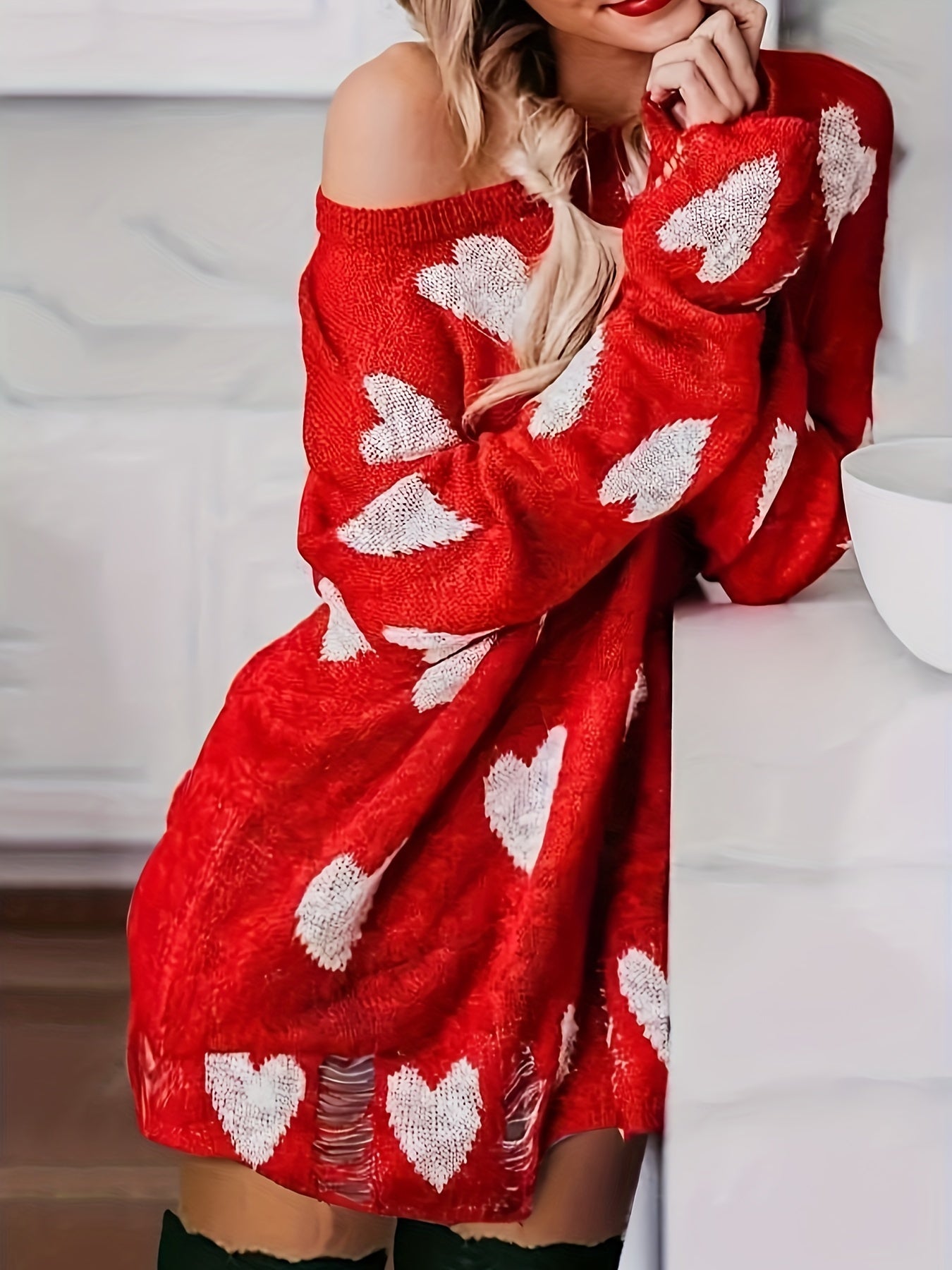 vlovelaw Heart Pattern Crew Neck Knit Sweater, Casual Long Sleeve Ripped Pullover Sweater, Women's Clothing