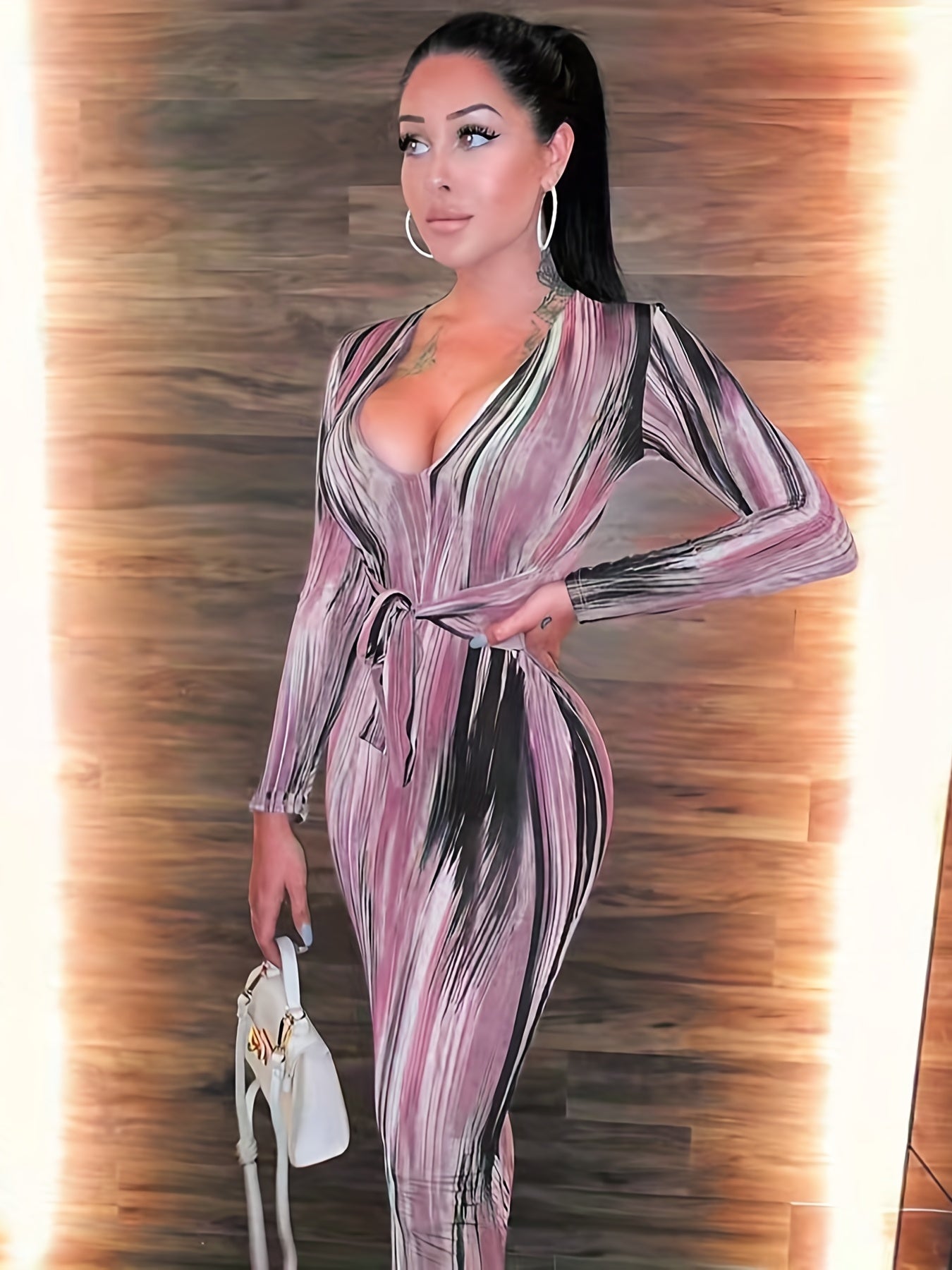 Striped Color Block Dress, Sexy V Neck Long Sleeve Bodycon Party Dress, Women's Clothing