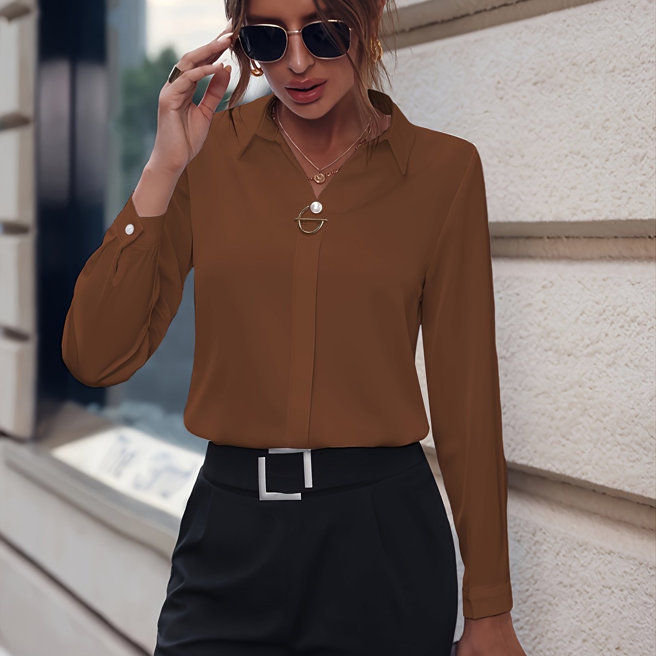 vlovelaw Solid Lapel Slim Shirt, Elegant Long Sleeve Shirt For Spring & Fall, Women's Clothing