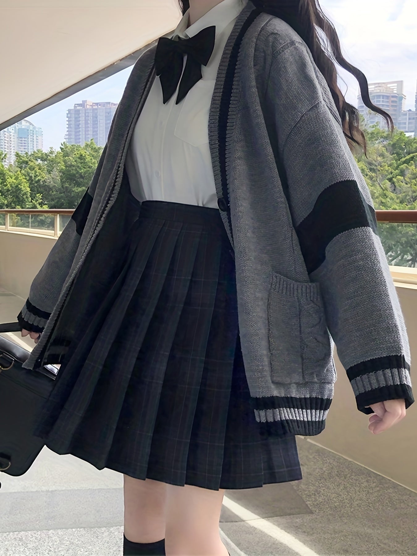 vlovelaw Color Block Button Front Knit Cardigan, Elegant V Neck Long Sleeve Sweater For Fall & Winter, Women's Clothing