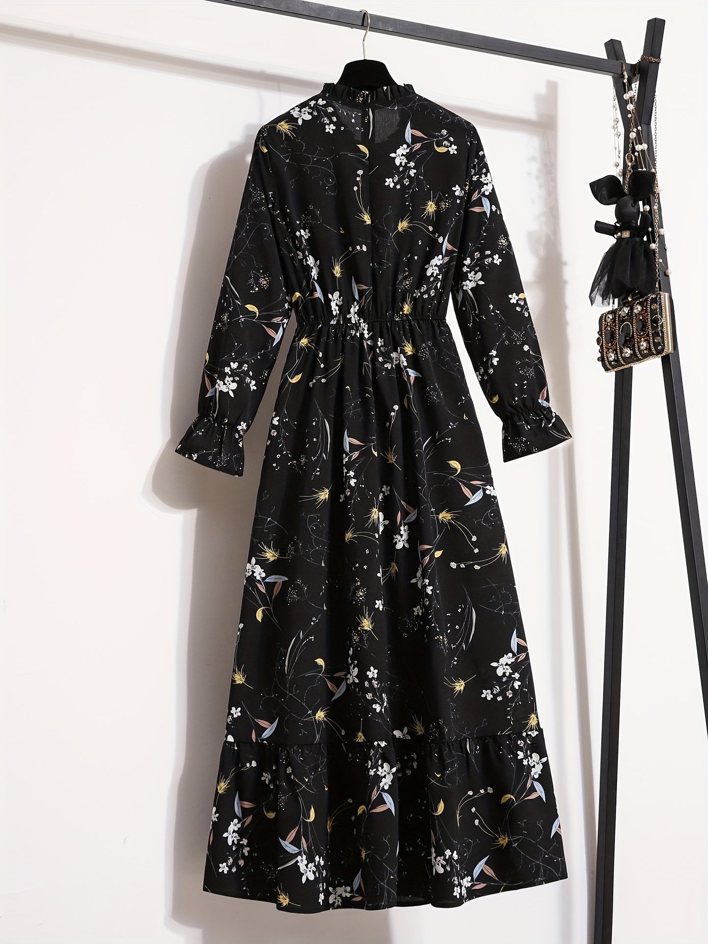 Floral Print Ruffle Trim Dress, Elegant Stand Collar Long Sleeve Maxi Dress, Women's Clothing