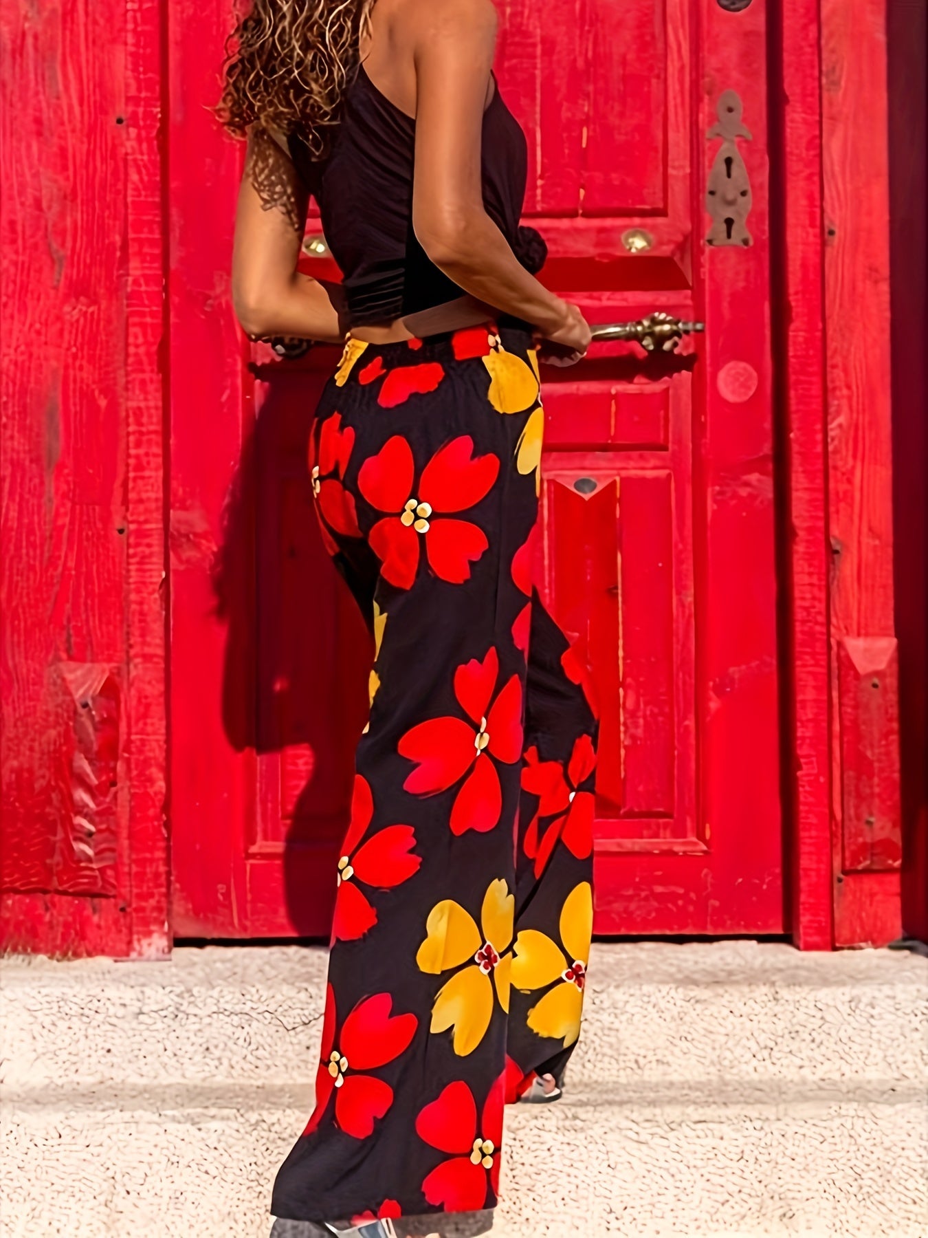 vlovelaw Plus Size Boho Pants, Women's Plus Damask Print High Rise Medium Stretch Straight Leg Pants