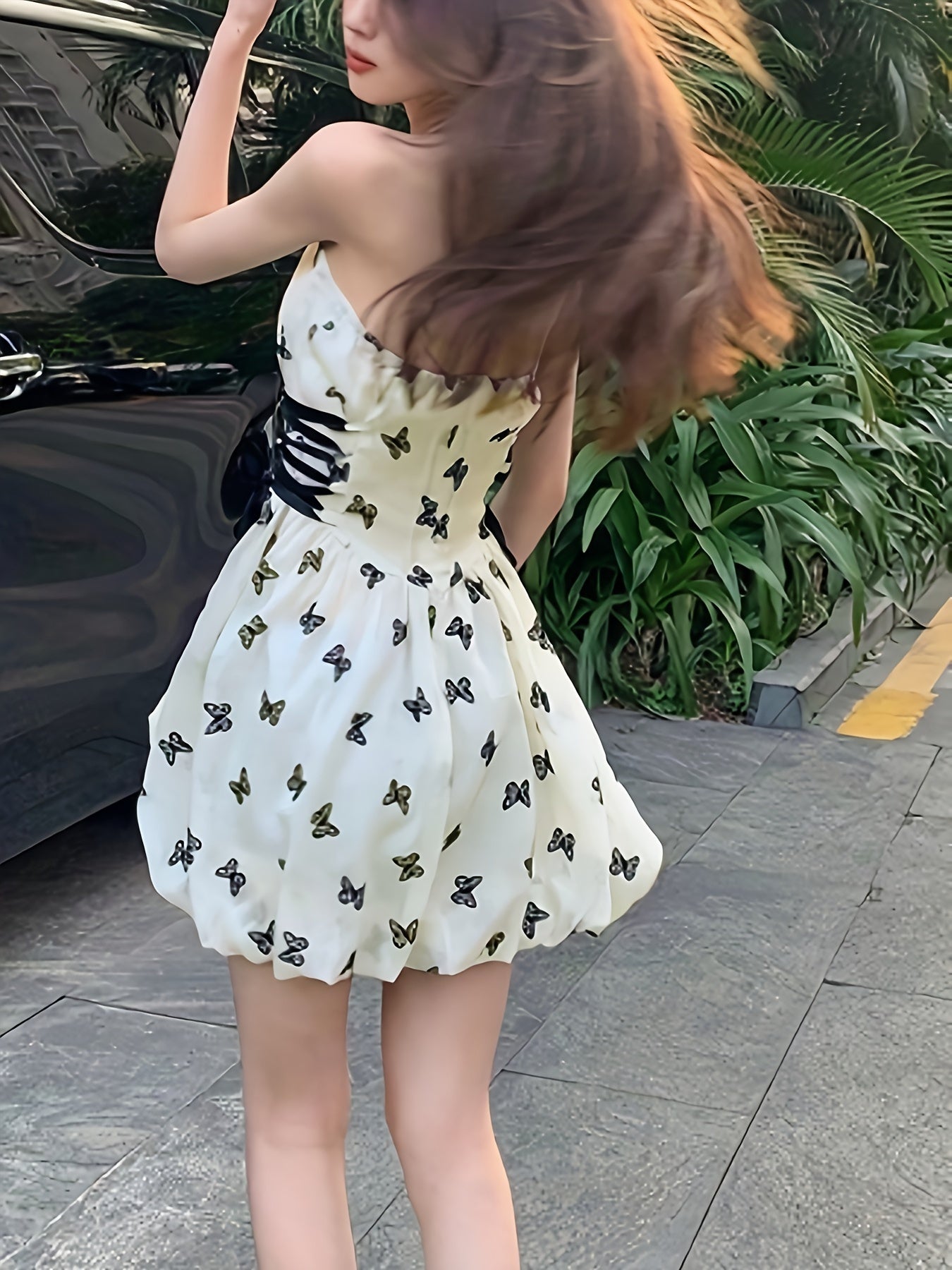 vlovelaw Butterfly Pattern Tie Side Halter Dress, Casual Sleeveless Backless Waist Dress, Women's Clothing