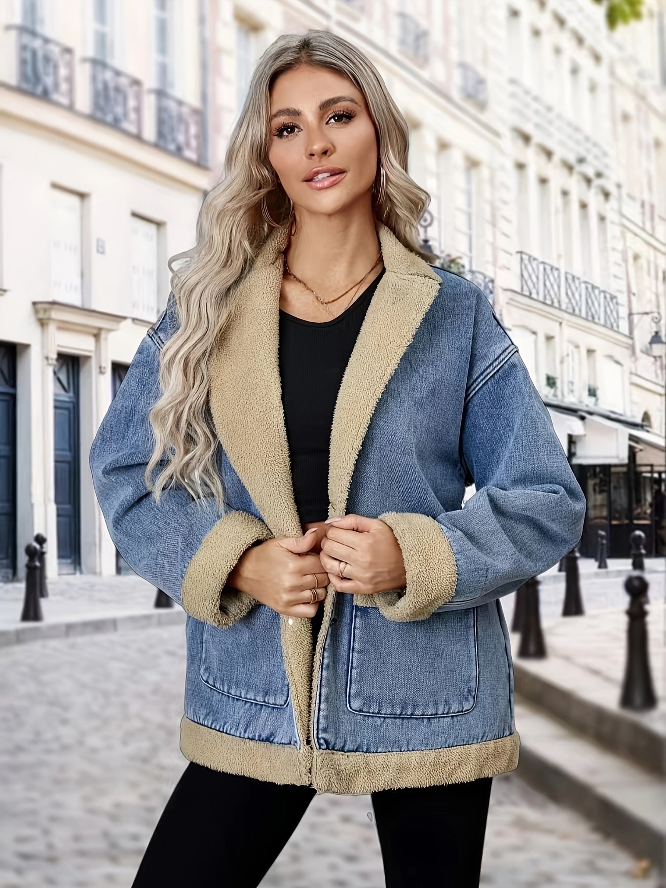 vlovelaw  Lapel Neck Warm Winter Fleece Denim Jacket, Long Sleeve Patched Pocket Fashion Comfortable Denim Coat, Women's Denim Clothing