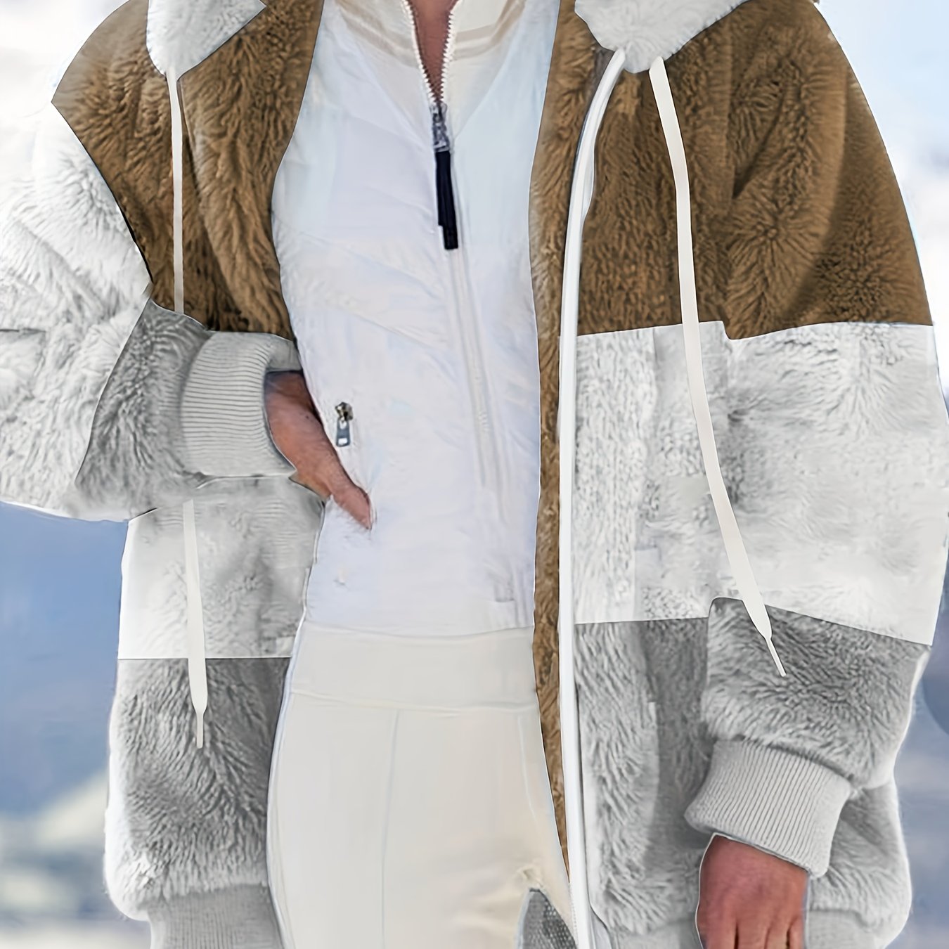 vlovelaw Plus Size Colorblock Fuzzy Hoodie Drawstring Zip Up Coat, Women's Plus Pocket Casual Overcoat