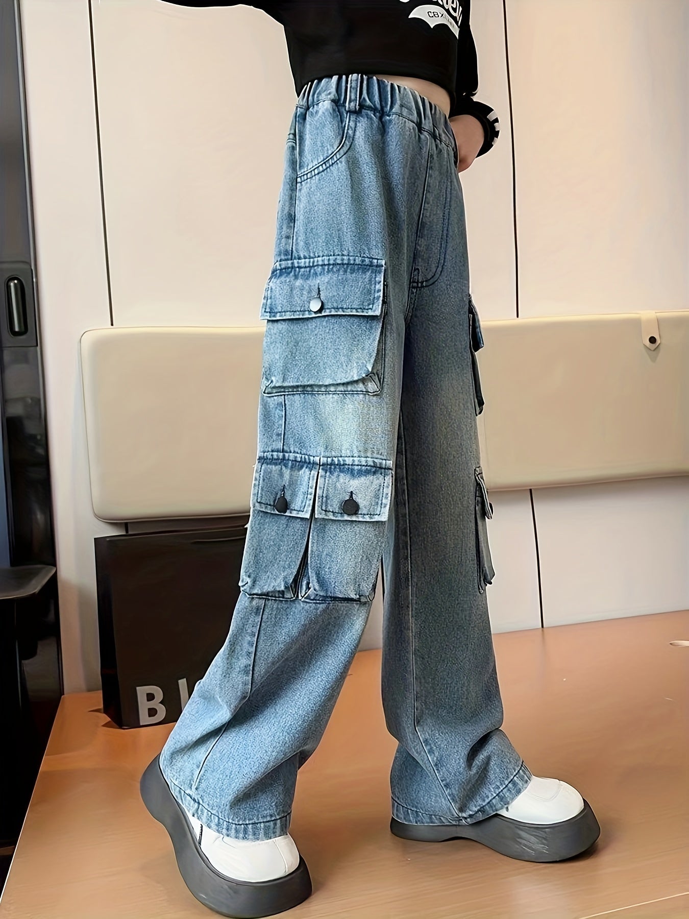 Girls' Autumn/winter Trousers, Trendy Loose Straight Multi-pocket Cargo Denim Pants, Kids' Jeans For Outdoor, Kids Clothing