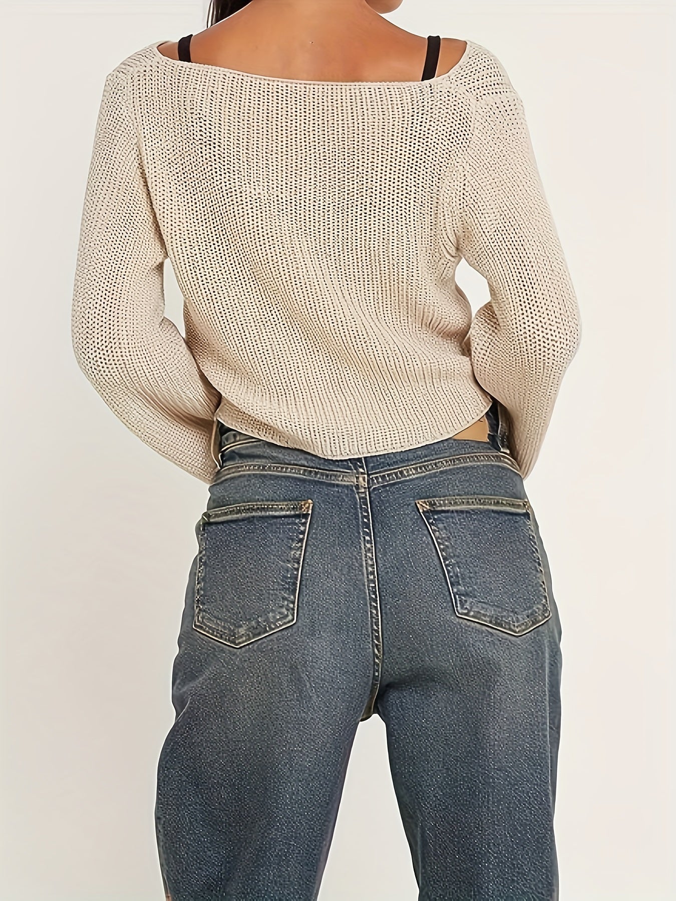 vlovelaw Solid Button Down Knit Cardigan, Casual Long Sleeve Thin Crop Cardigan For Spring & Fall, Women's Clothing