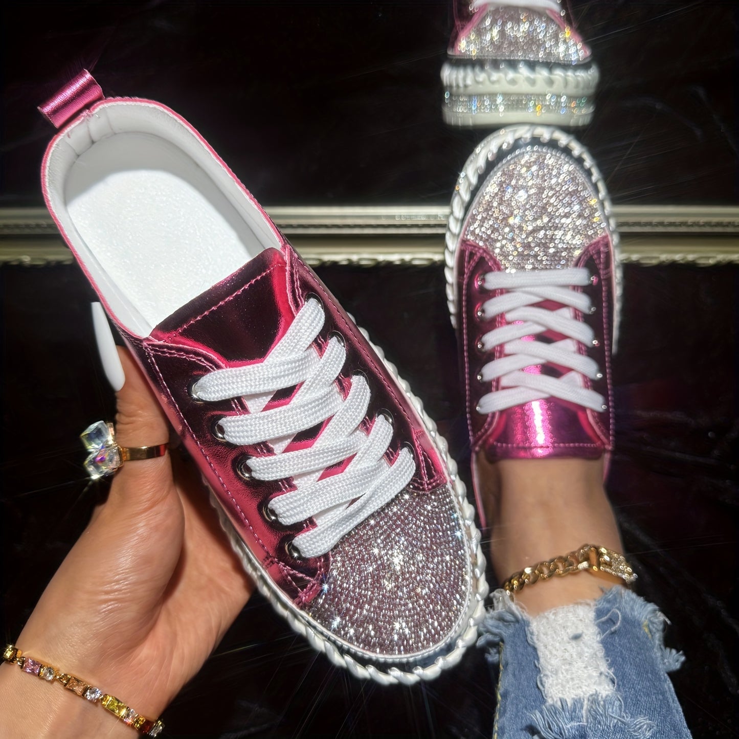vlovelaw Women's Rhinestone Flat Sneakers, Fashion Round Toe Lace Up Low Top Skate Shoes, All-Match Outdoor Trainers