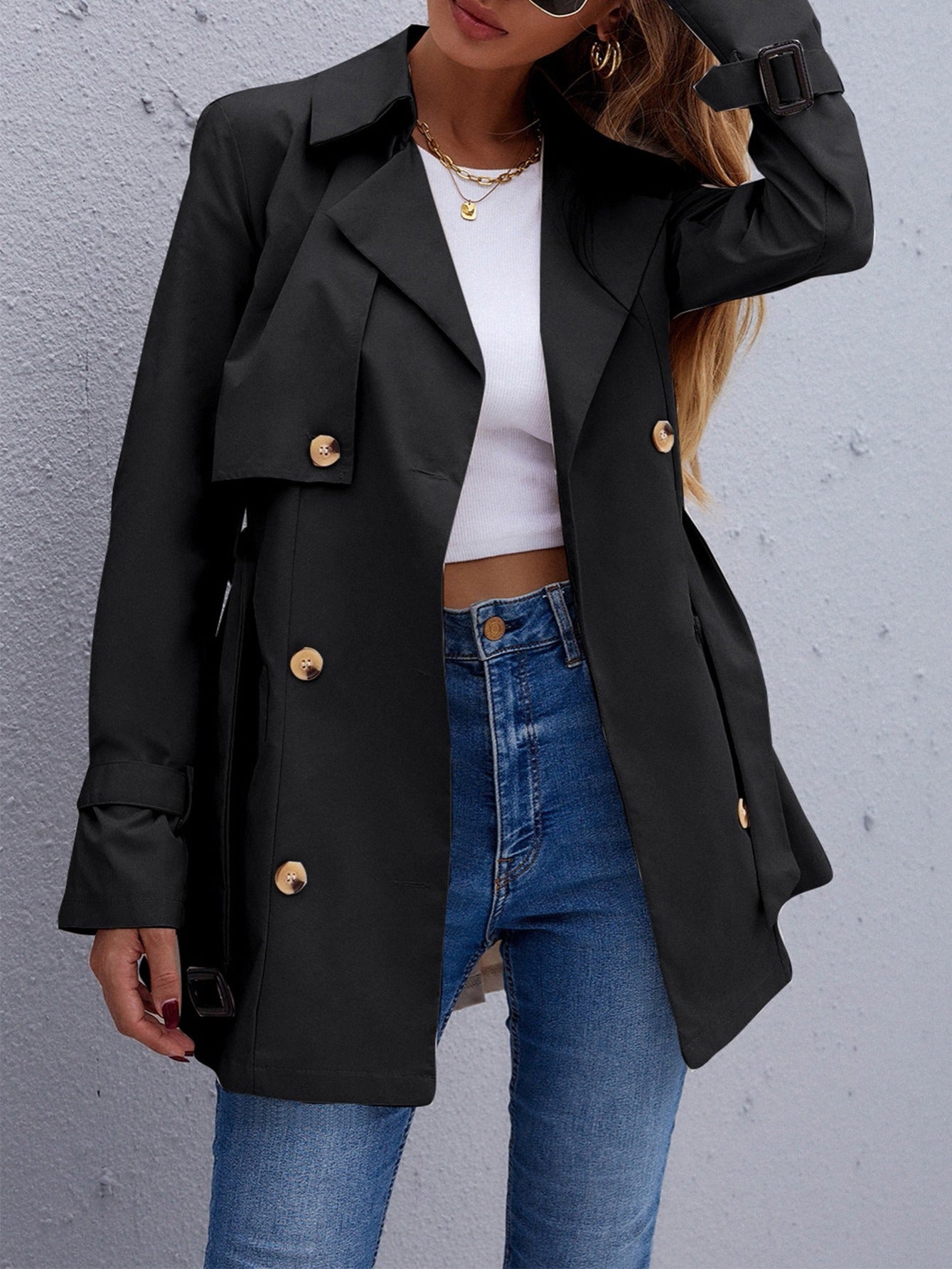 vlovelaw Double Breasted Long Trench Coat, Long Sleeve Windproof Classic Lapel Slim Belted Outerwear, Women's Clothing