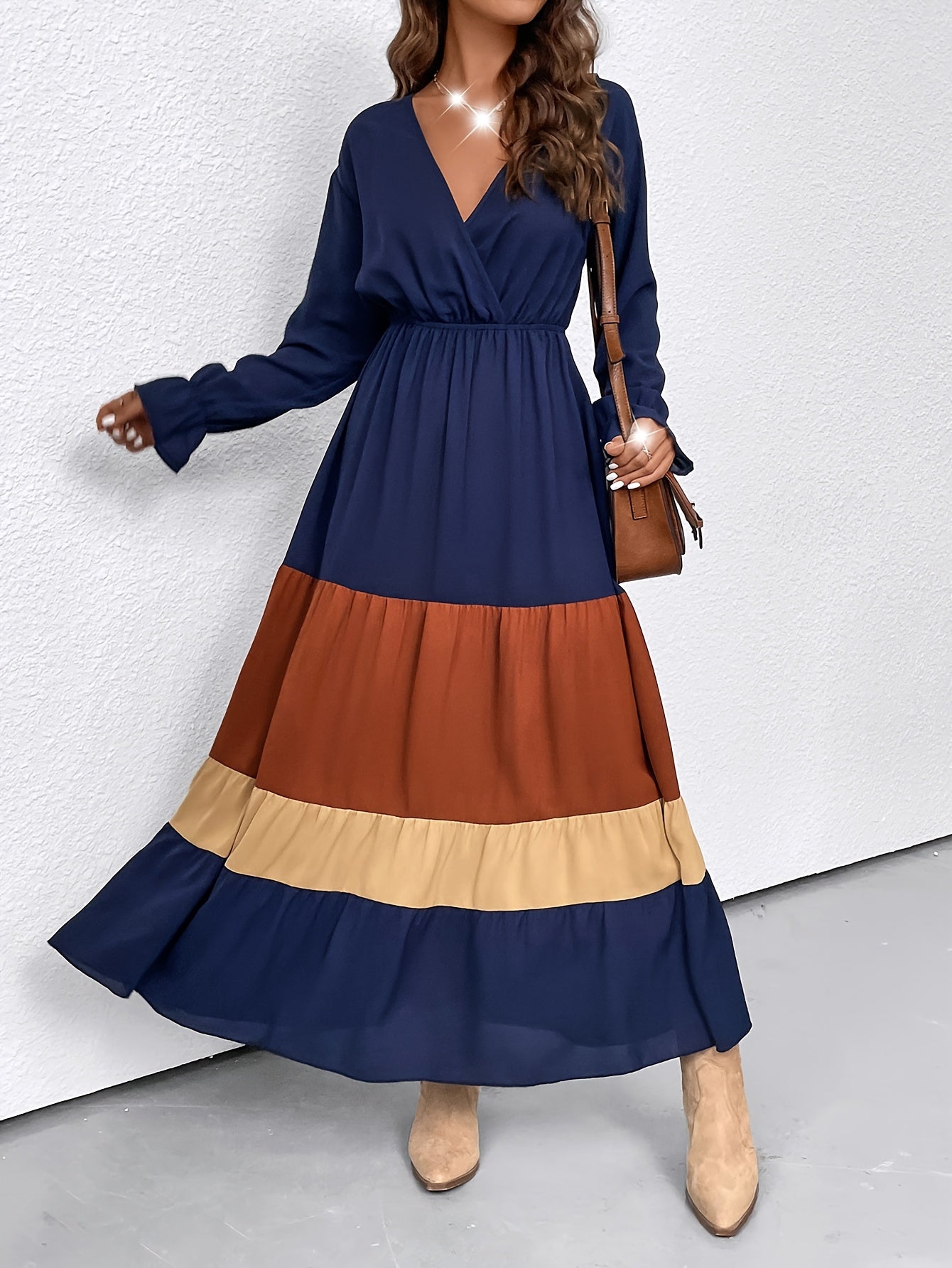 vlovelaw Color Block Ruffle Long Sleeve Dress, Casual Surplice Neck Cinched Waist Dress For Spring & Fall, Women's Clothing