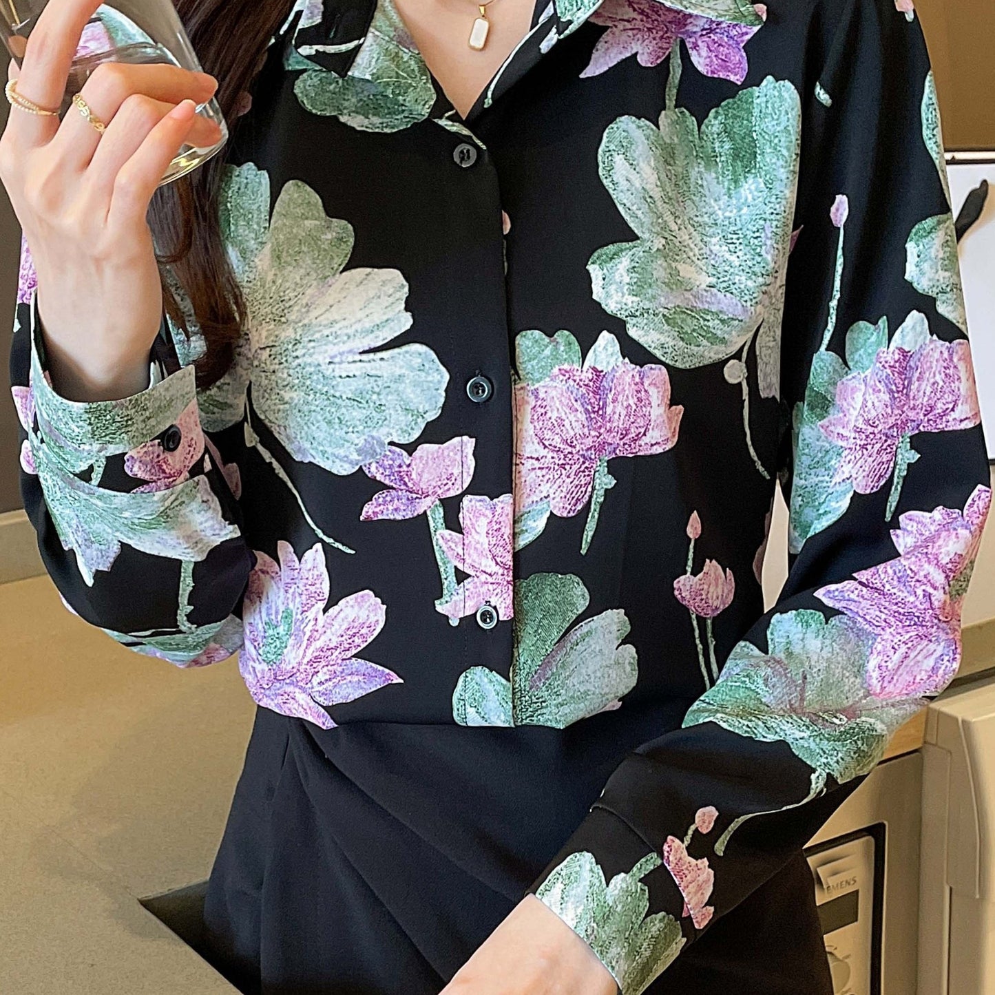 vlovelaw Floral Print Button Down Shirt, Vintage Long Sleeve Shirt For Spring & Fall, Women's Clothing