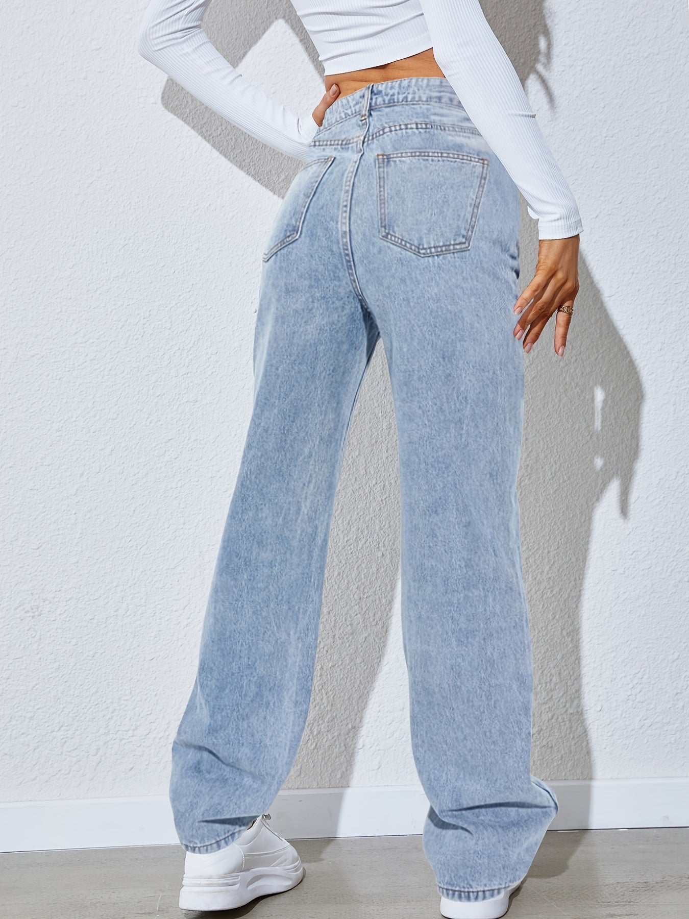 vlovelaw Light Blue Versatile Straight Jeans, Loose Fit Slash Pockets Baggy Denim Pants, Women's Denim Jeans & Clothing
