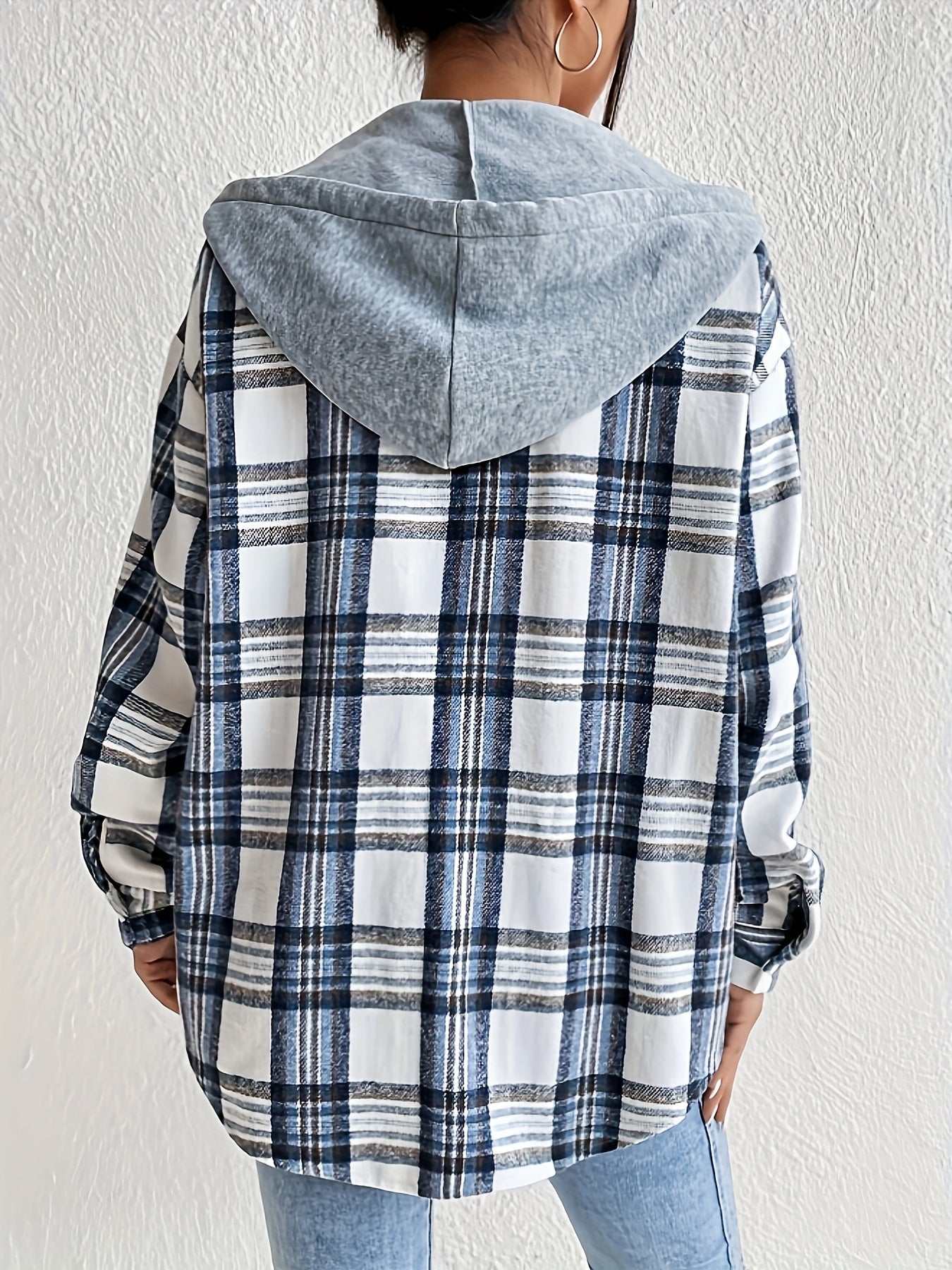 vlovelaw  Button Plaid Hoodie Drawstring Jacket, Casual Long Sleeve Jacket For Fall & Winter, Women's Clothing