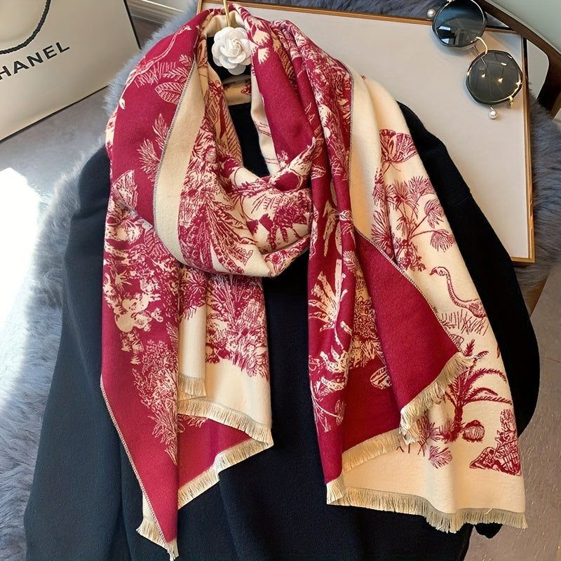 vlovelaw Vintage Plant Flower Jacquard Scarf Imitation Cashmere Elegant Soft Warm Cozy Fringe Shawl Autumn Winter Coldproof Windproof Blanket Scarf