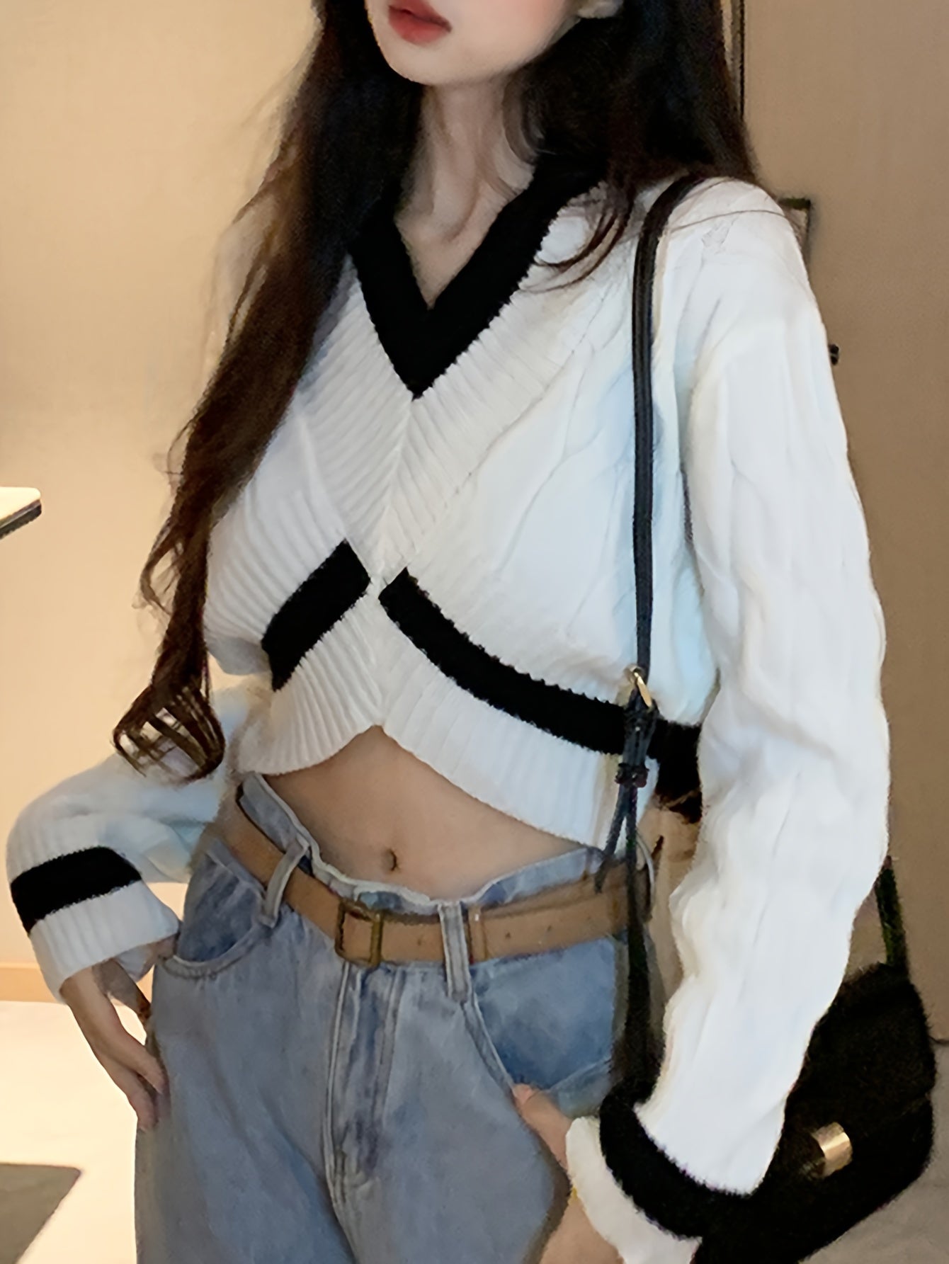 vlovelaw Color Block V Neck Pullover Sweater, Casual Long Sleeve Drop Shoulder Sweater, Women's Clothing