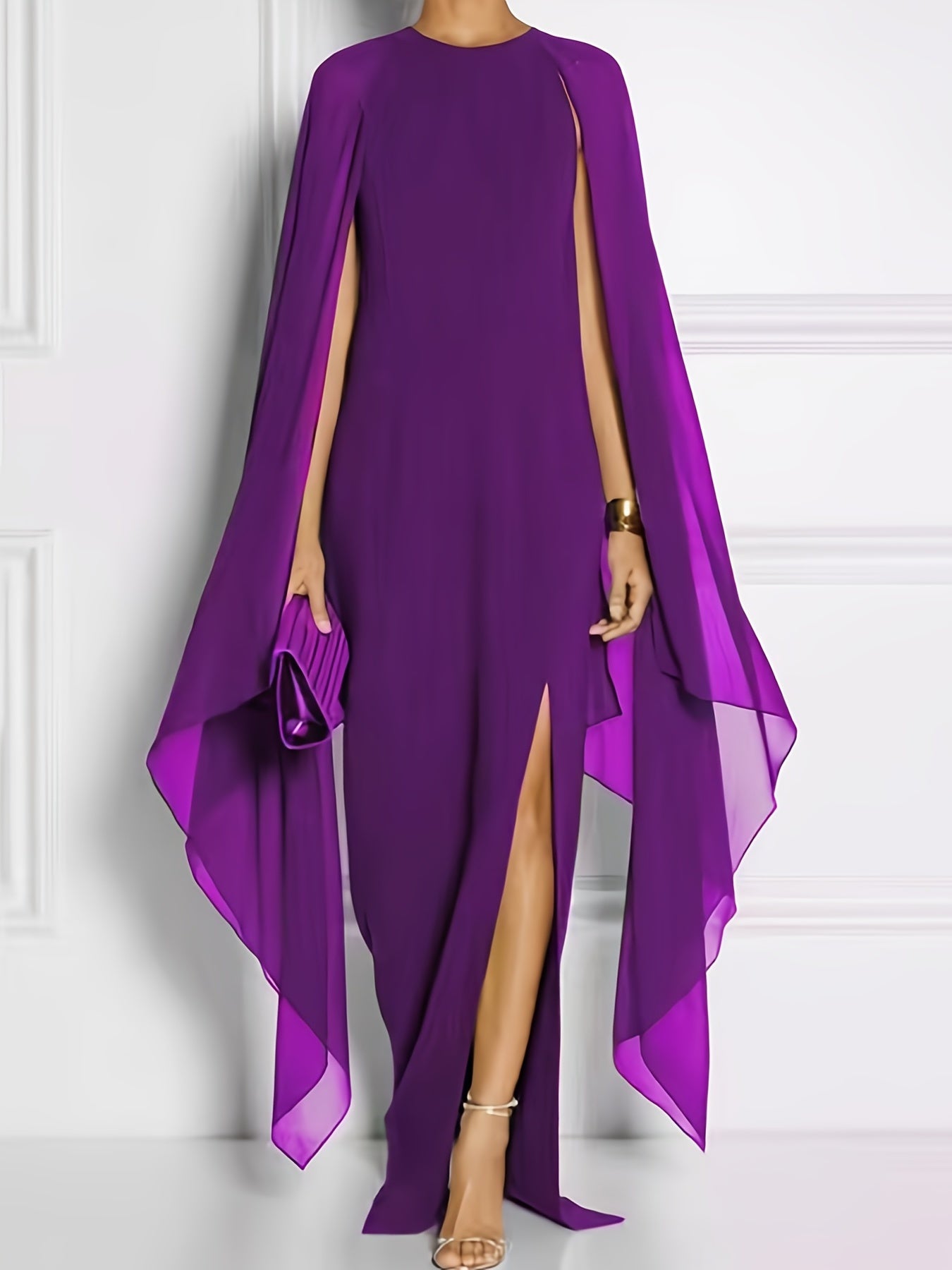 vlovelaw Solid Split Chiffon Sleeveless Evening Dress, Elegant Shawl Spring & Summer Maxi Dress, Women's Clothing