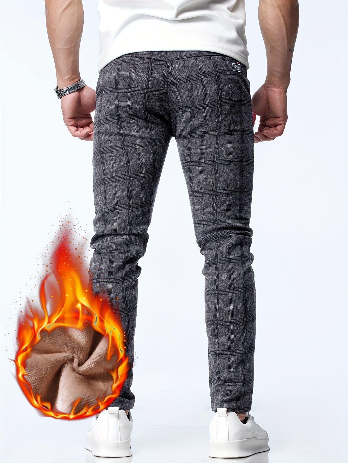 vlovelaw Men's Casual Warm Thick Slim Fit Pants, Chic Fleece Lined Retro Plaid Pants For Fall Winter