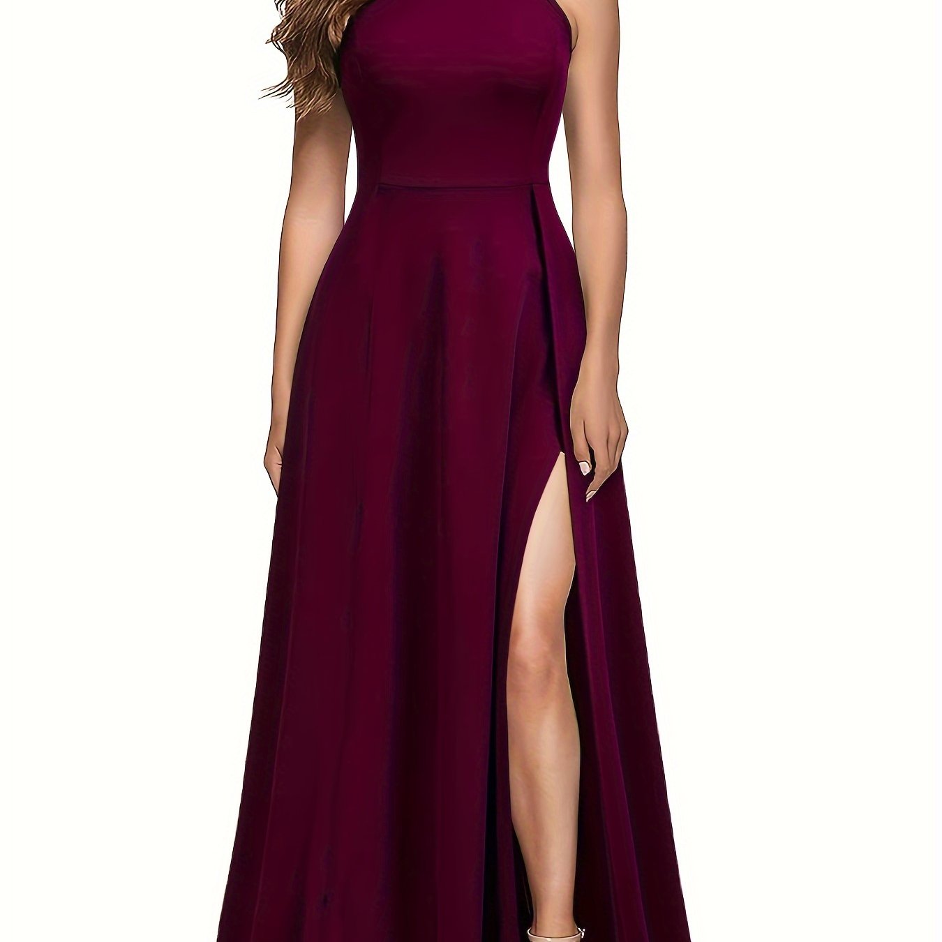vlovelaw Split Thigh Mock Neck Dress, Elegant Sleeveless Solid Maxi Dress, Women's Clothing